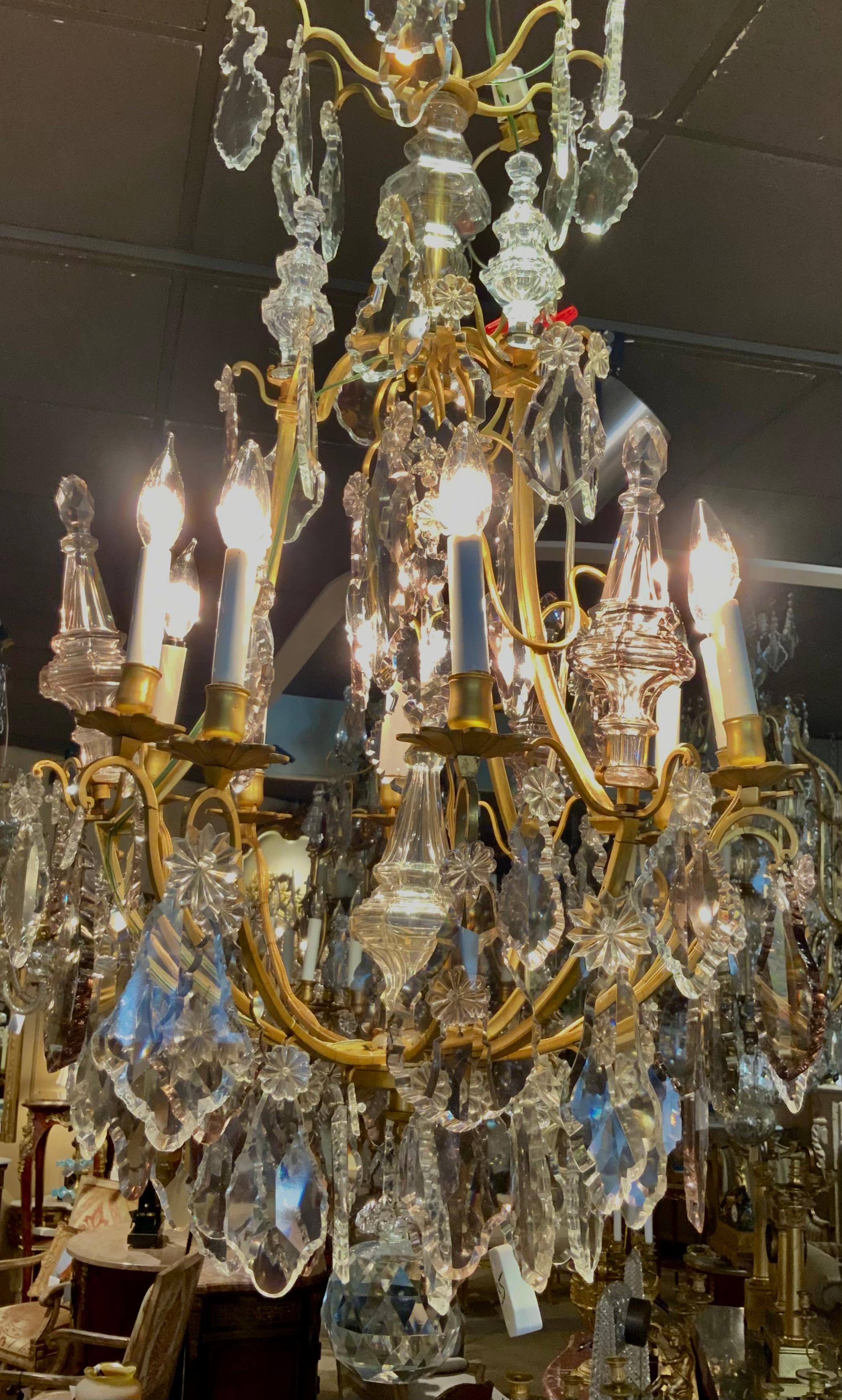 French Bronze Dore Chandelier with Nine Lights, Clear and Pale Lavender Crystals For Sale 2