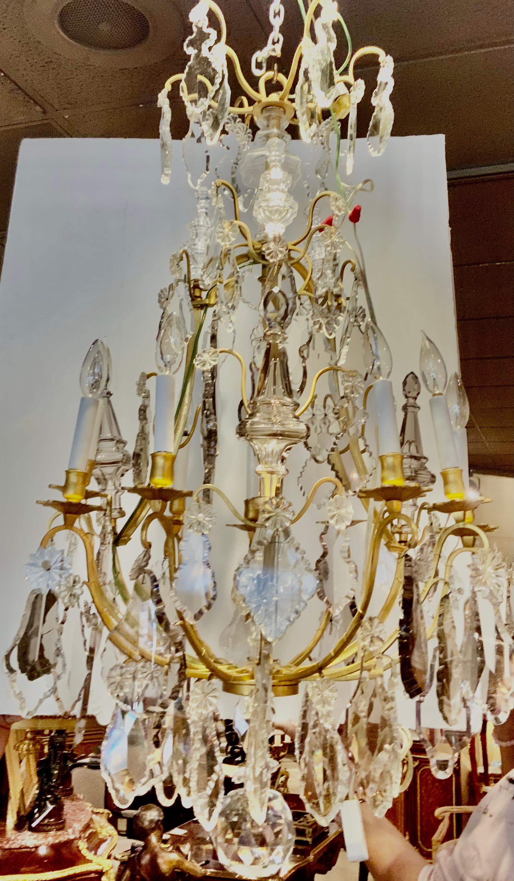 French Bronze Dore Chandelier with Nine Lights, Clear and Pale Lavender Crystals For Sale 3