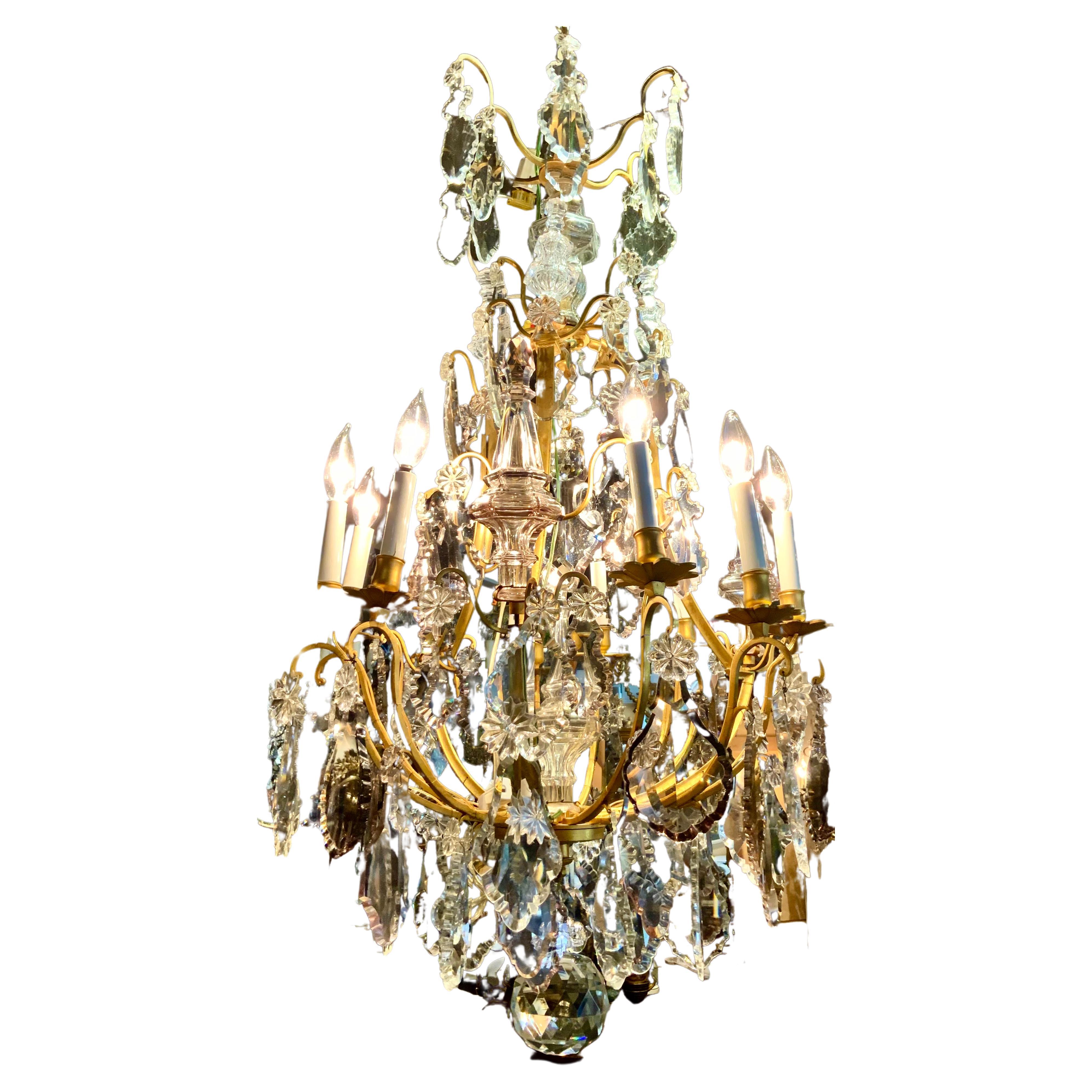 French Bronze Dore Chandelier with Nine Lights, Clear and Pale Lavender Crystals