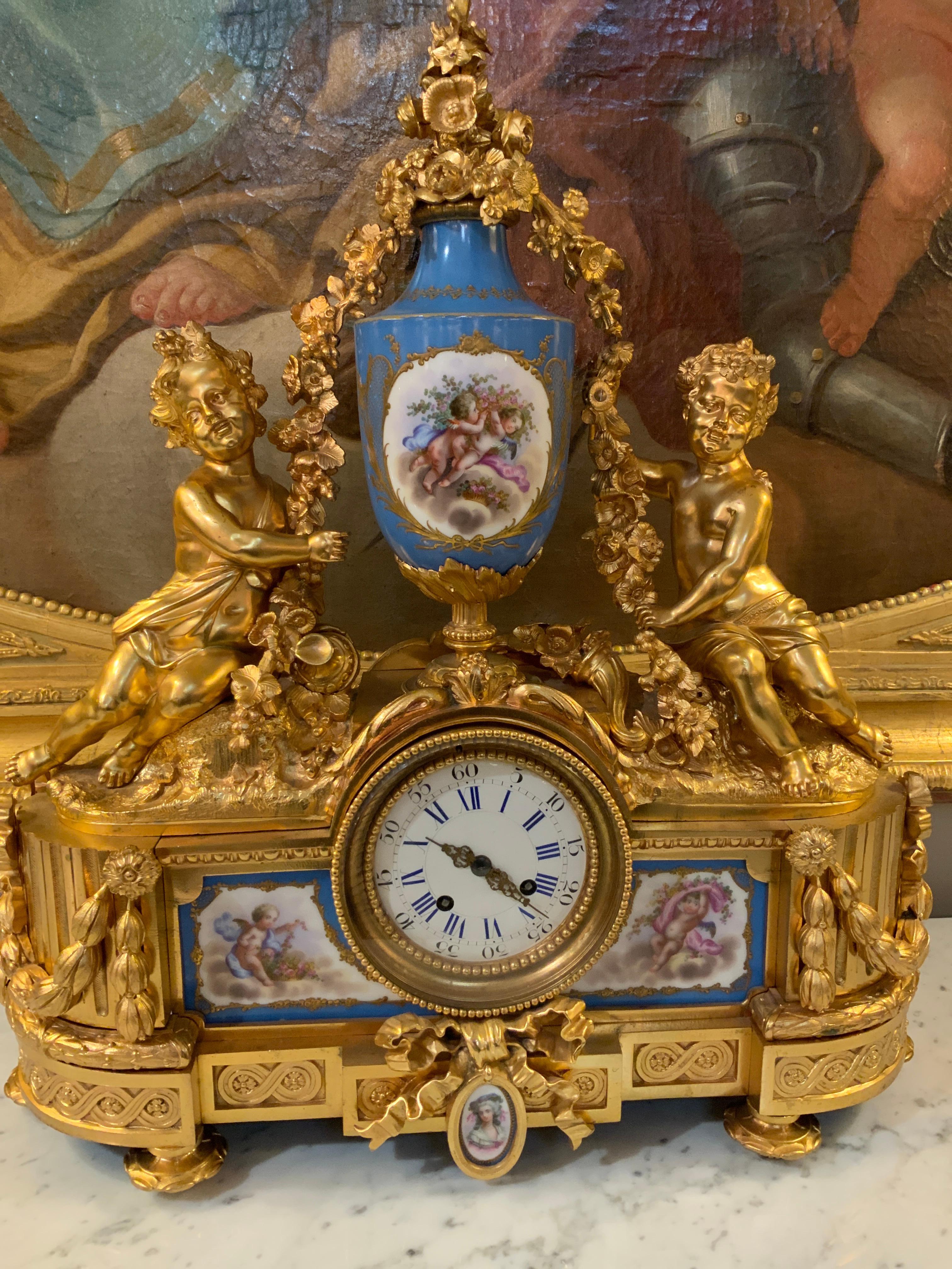 French Bronze Doré Clock with Sevres Porcelain in Celeste Blue For Sale 3
