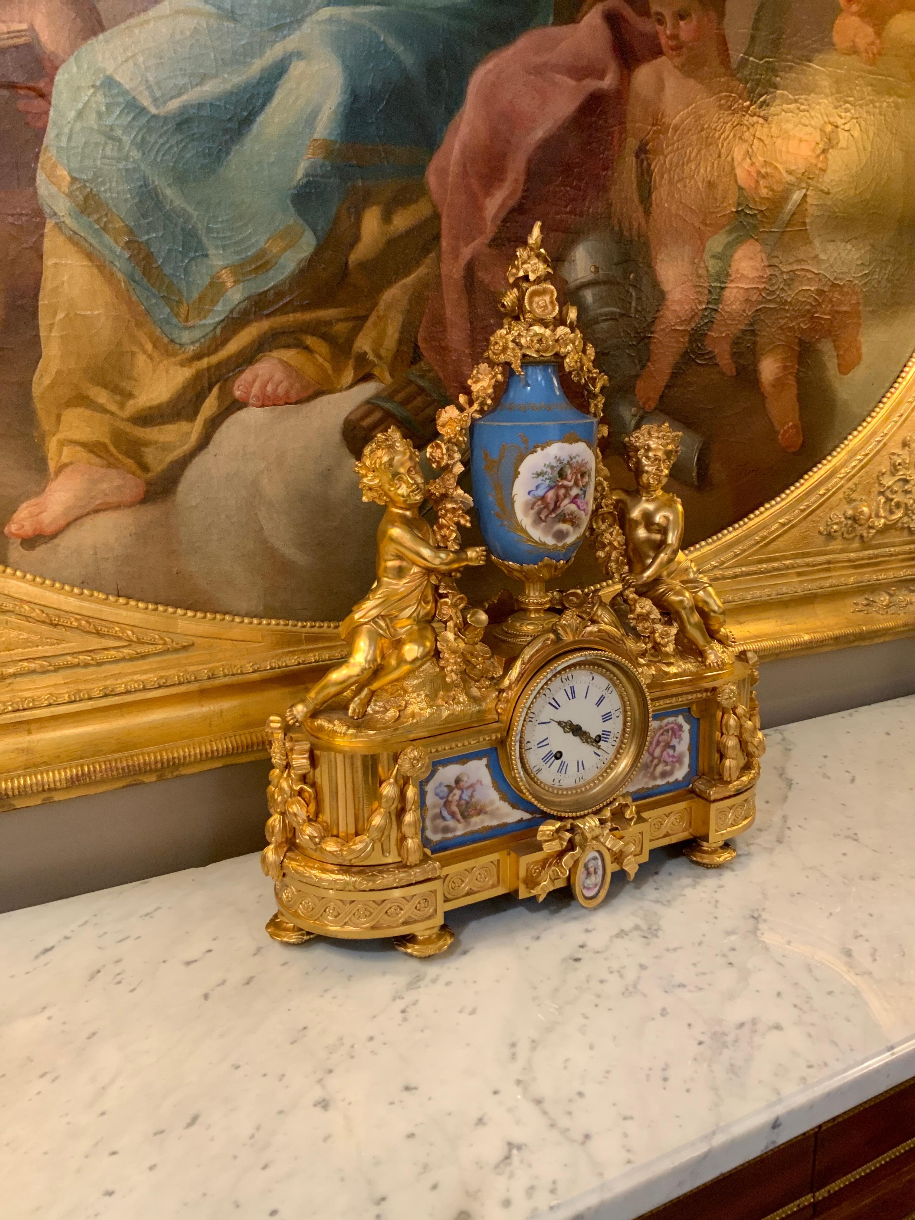 French Bronze Doré Clock with Sevres Porcelain in Celeste Blue For Sale 5