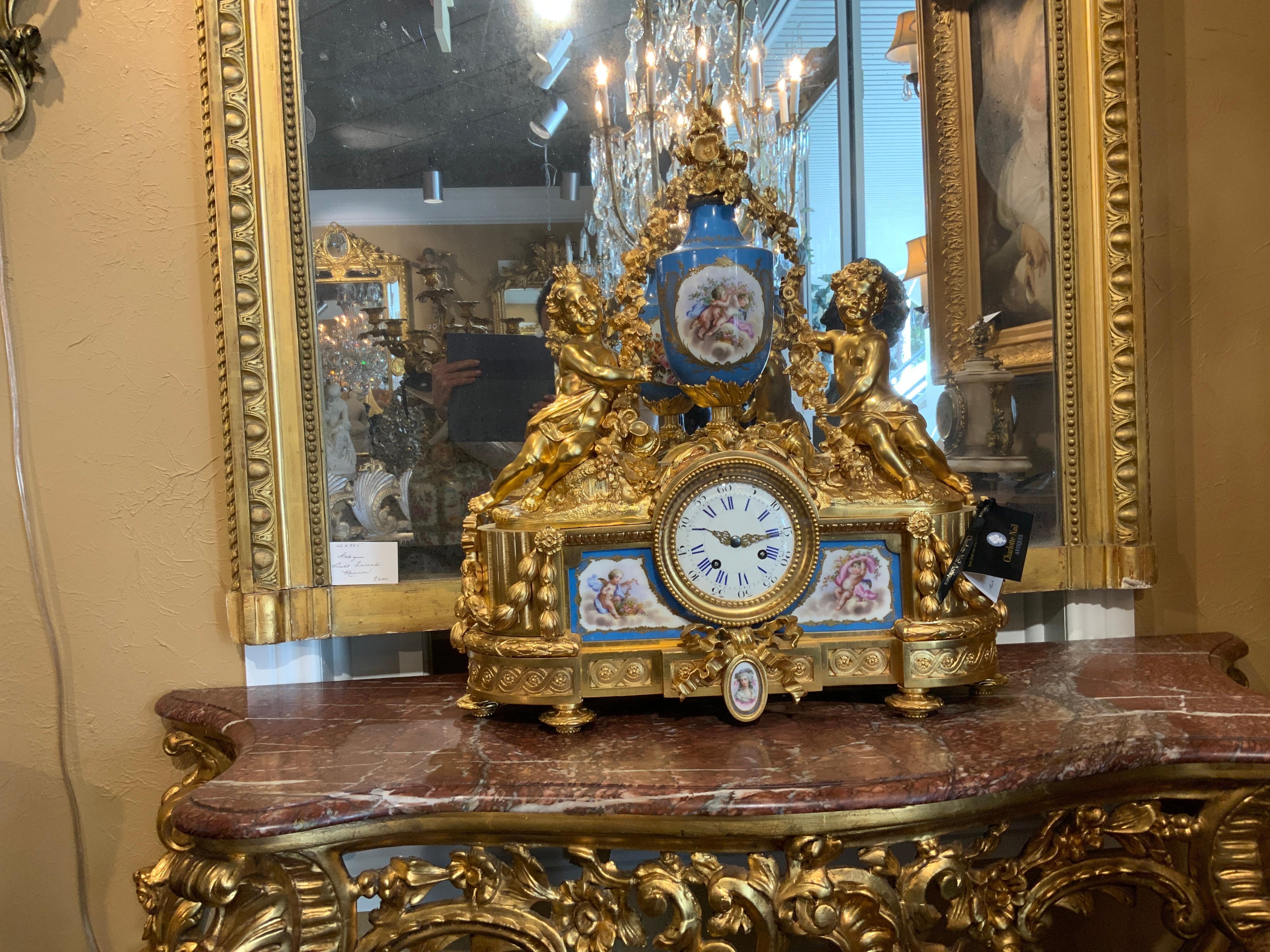 19th Century French Bronze Doré Clock with Sevres Porcelain in Celeste Blue For Sale