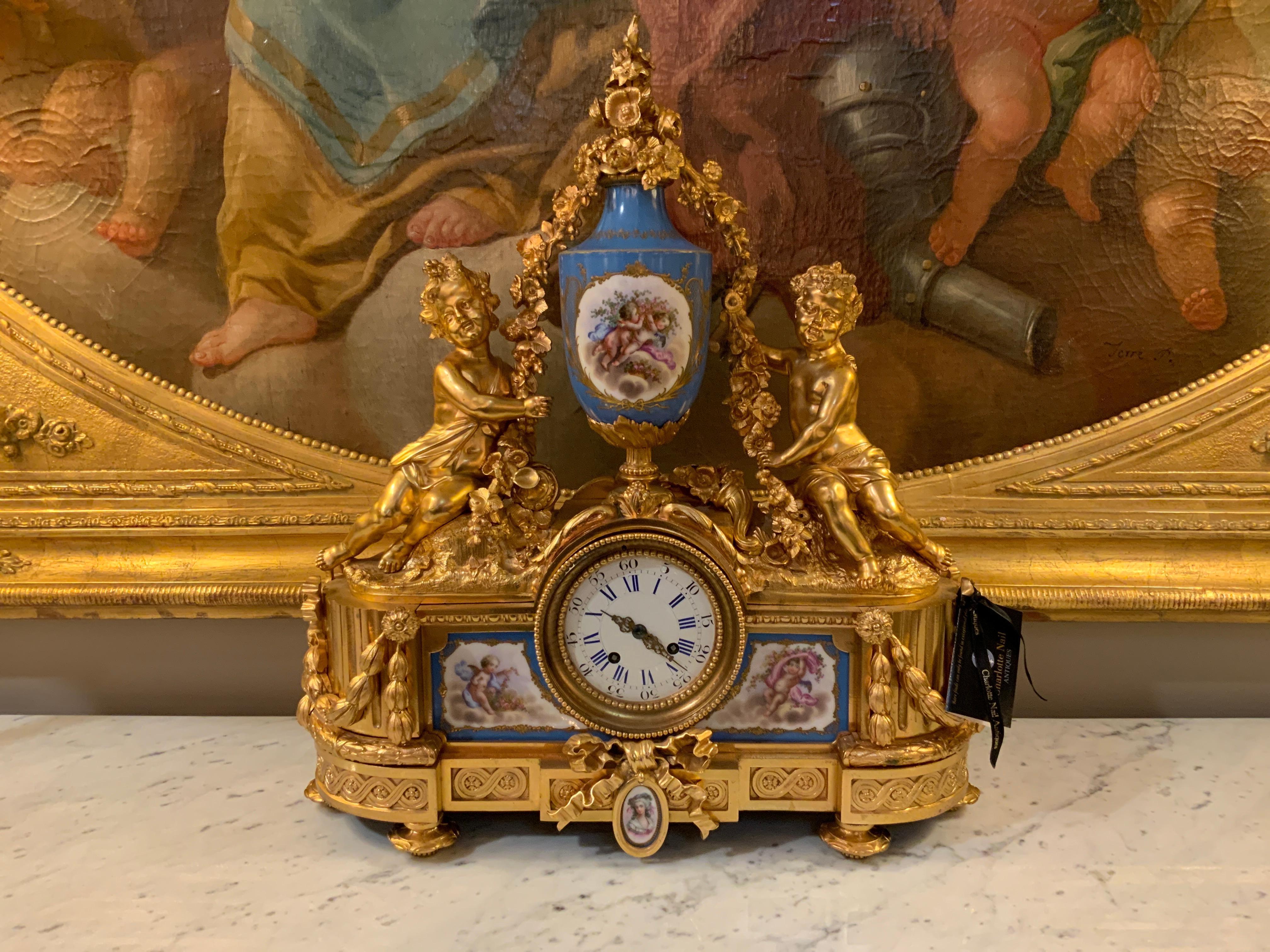 French Bronze Doré Clock with Sevres Porcelain in Celeste Blue For Sale 1