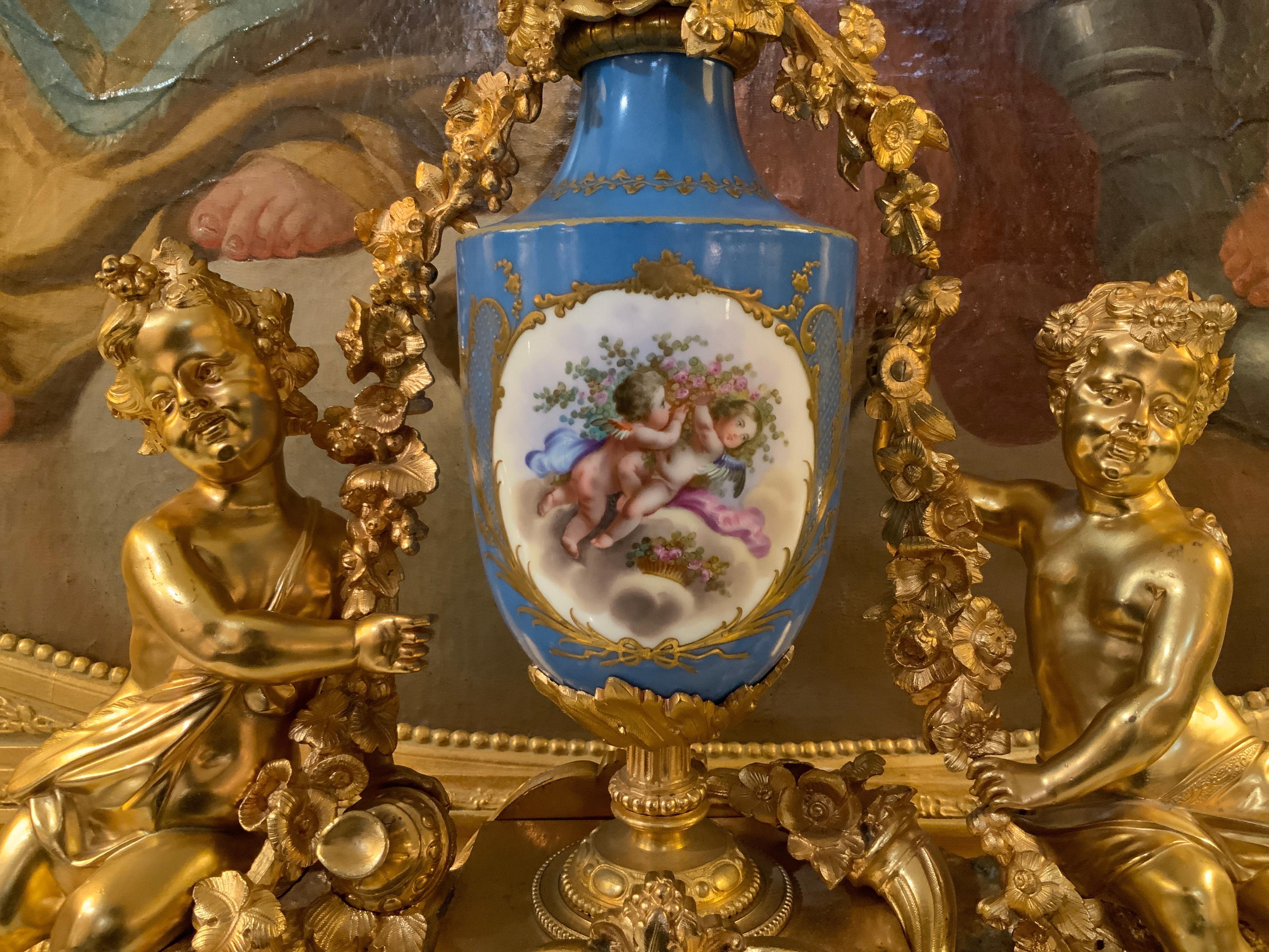 French Bronze Doré Clock with Sevres Porcelain in Celeste Blue For Sale 2