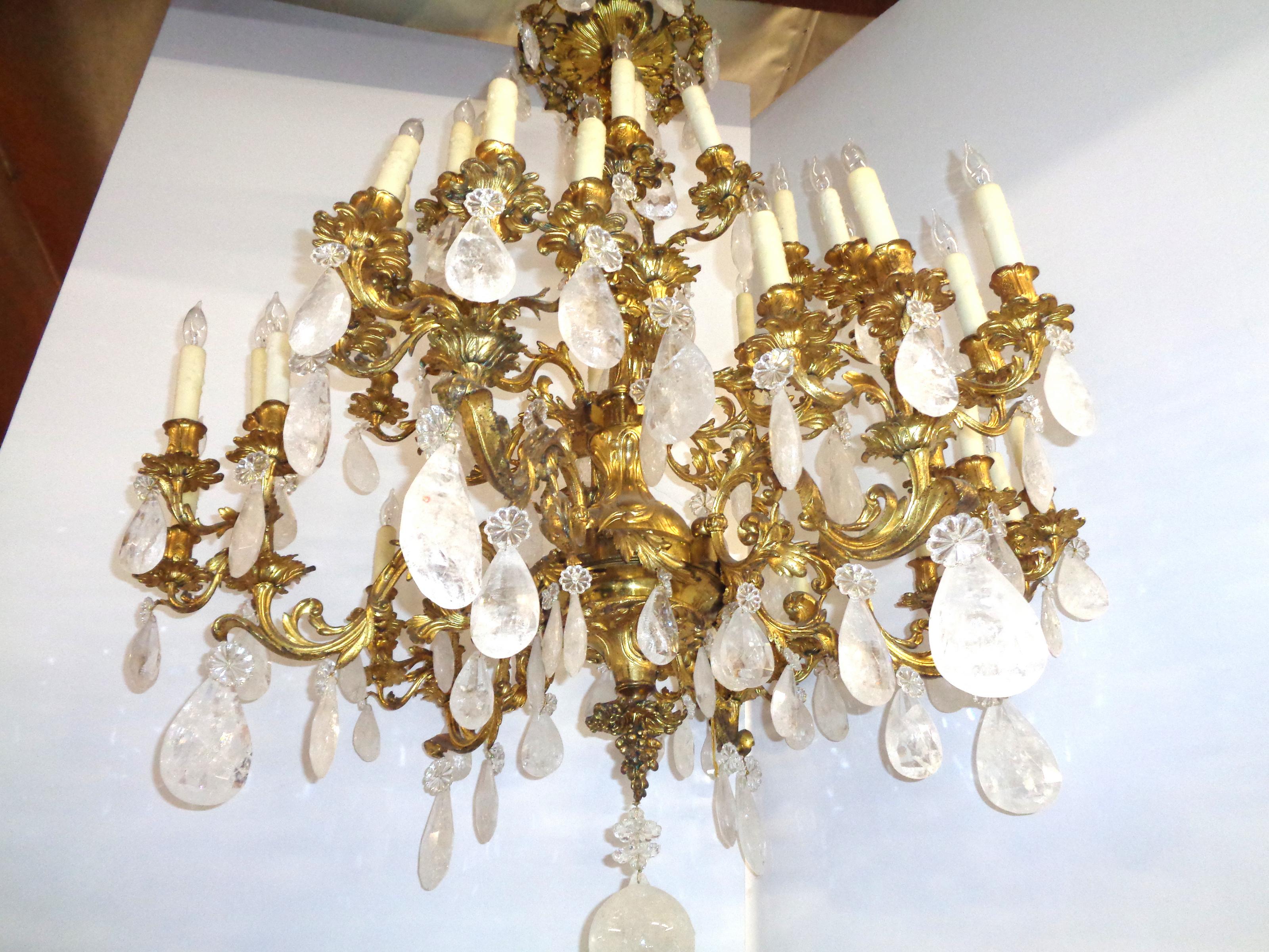 French Bronze Dore Louis XV Style Baccarat and Rock Crystal Chandelier In Excellent Condition For Sale In West Hollywood, CA