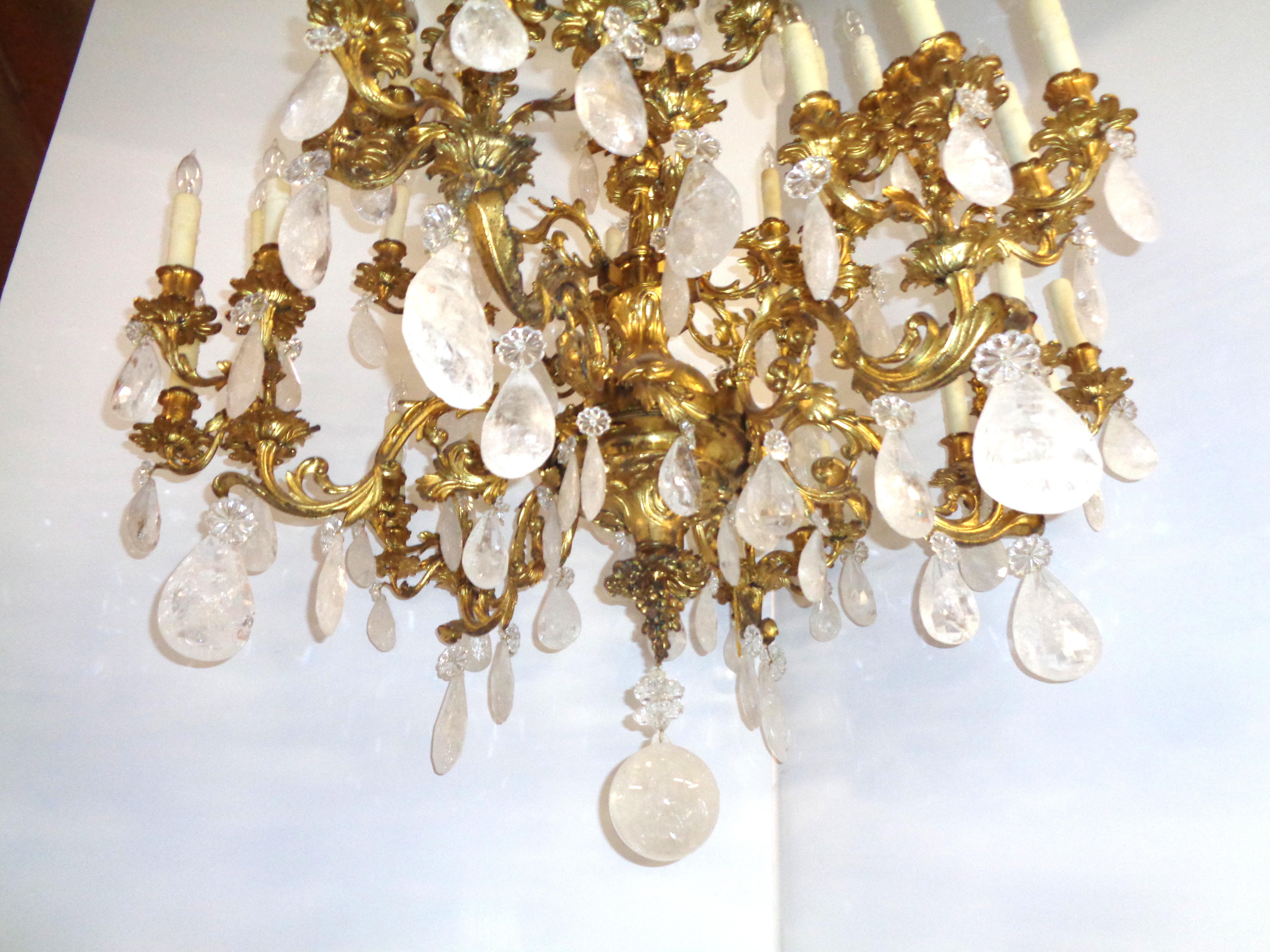 Late 19th Century French Bronze Dore Louis XV Style Baccarat and Rock Crystal Chandelier For Sale