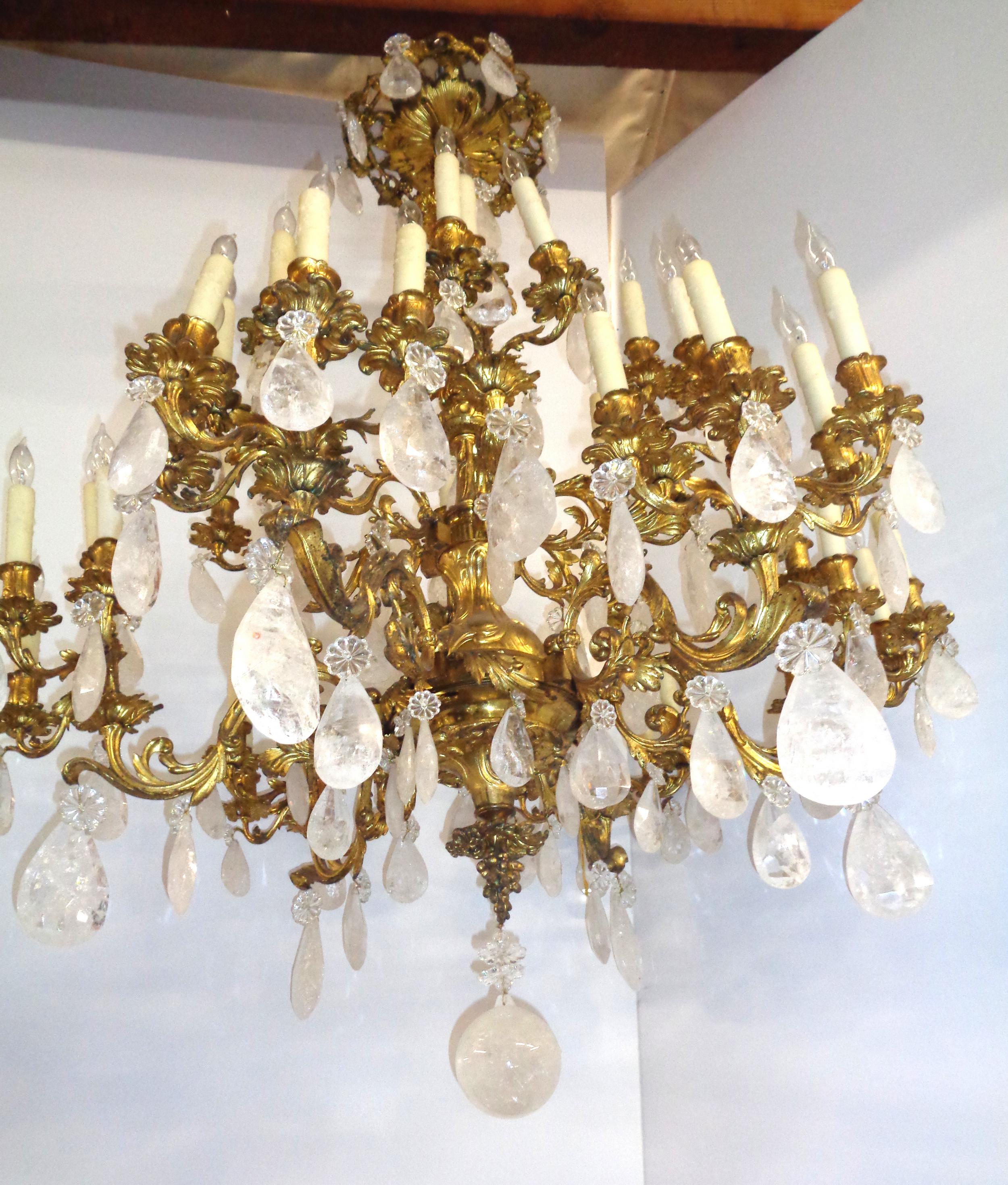 French Bronze Dore Louis XV Style Baccarat and Rock Crystal Chandelier For Sale 1