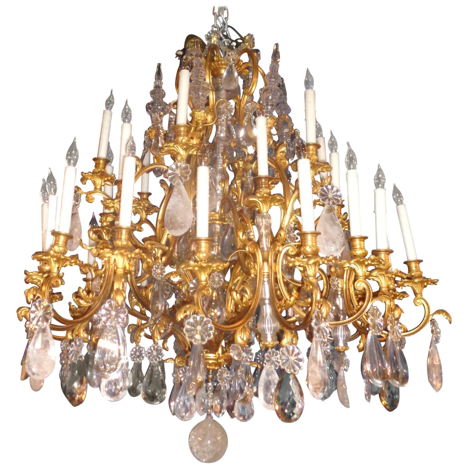 French Bronze Dore Louis XV Style Baccarat and Rock Crystal Chandelier For Sale