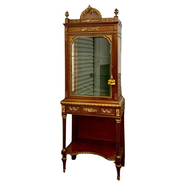 French Bronze Dore Mahogany and Parquetry Vitrine on Stand For Sale 6