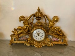 French Bronze Dore Mantel Clock with Cherubs, Sevres Style Mounts