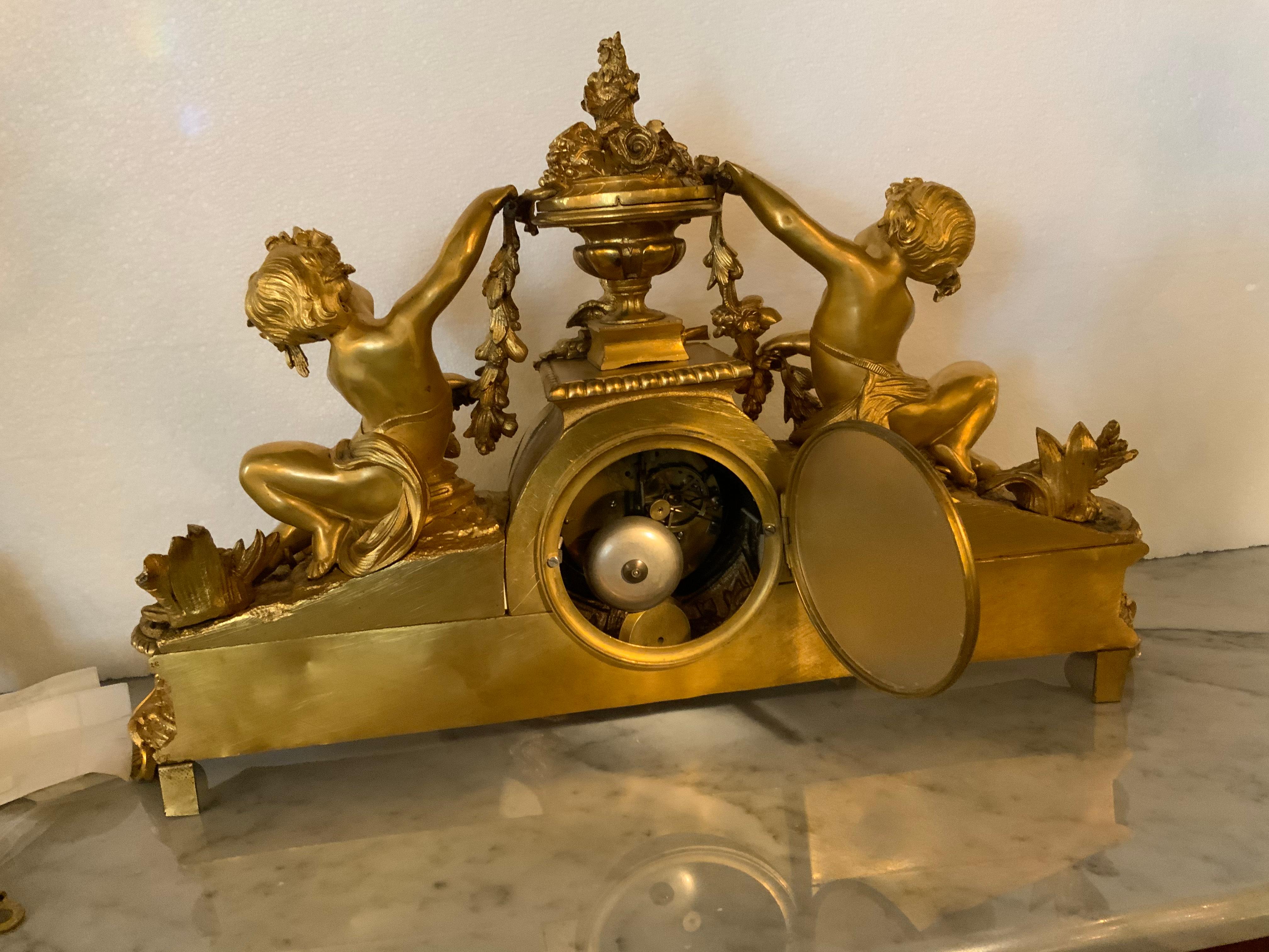 French Bronze Dore Mantel Clock with Cherubs, Sevres Style Mounts For Sale 1