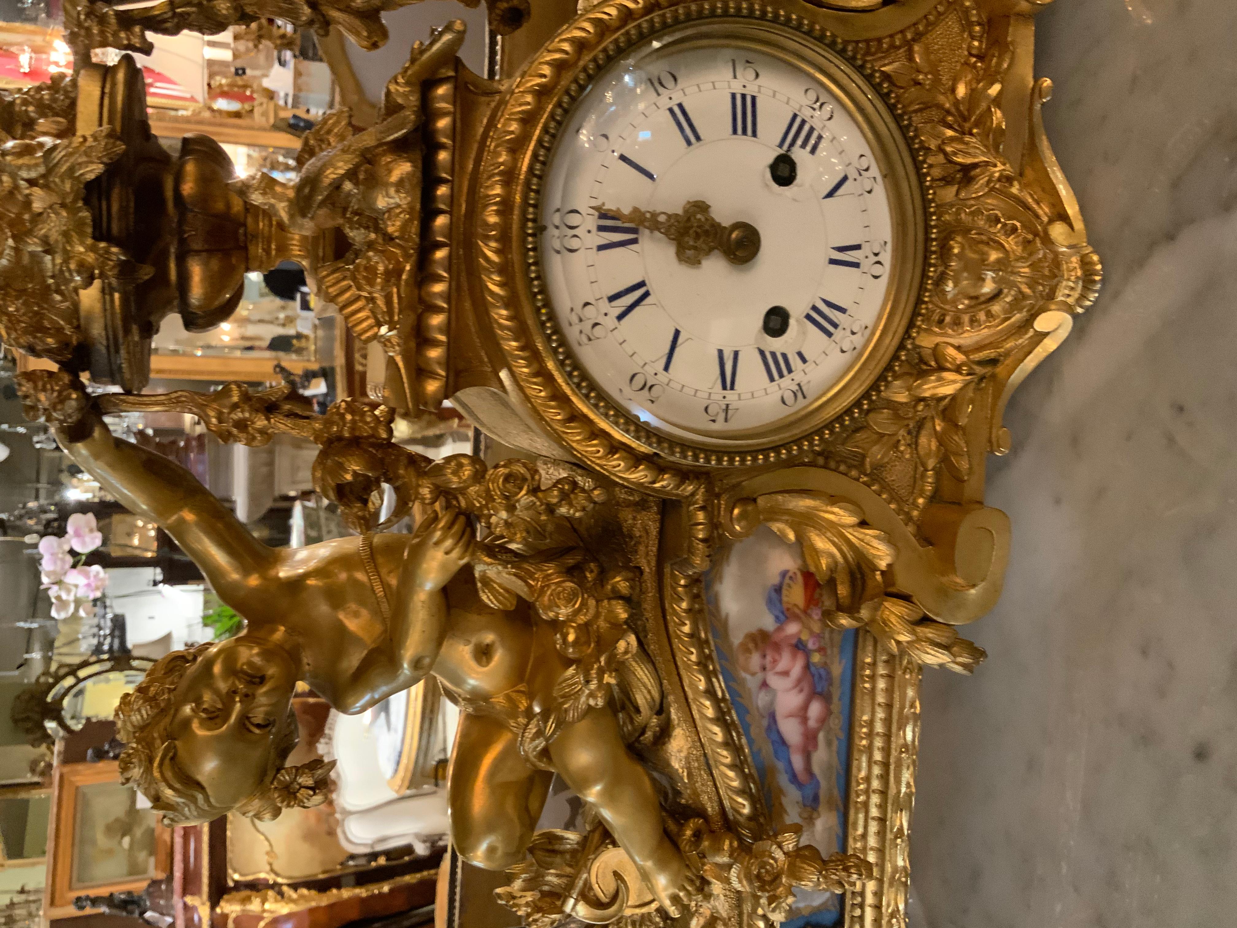 French Bronze Dore Mantel Clock with Cherubs, Sevres Style Mounts For Sale 2