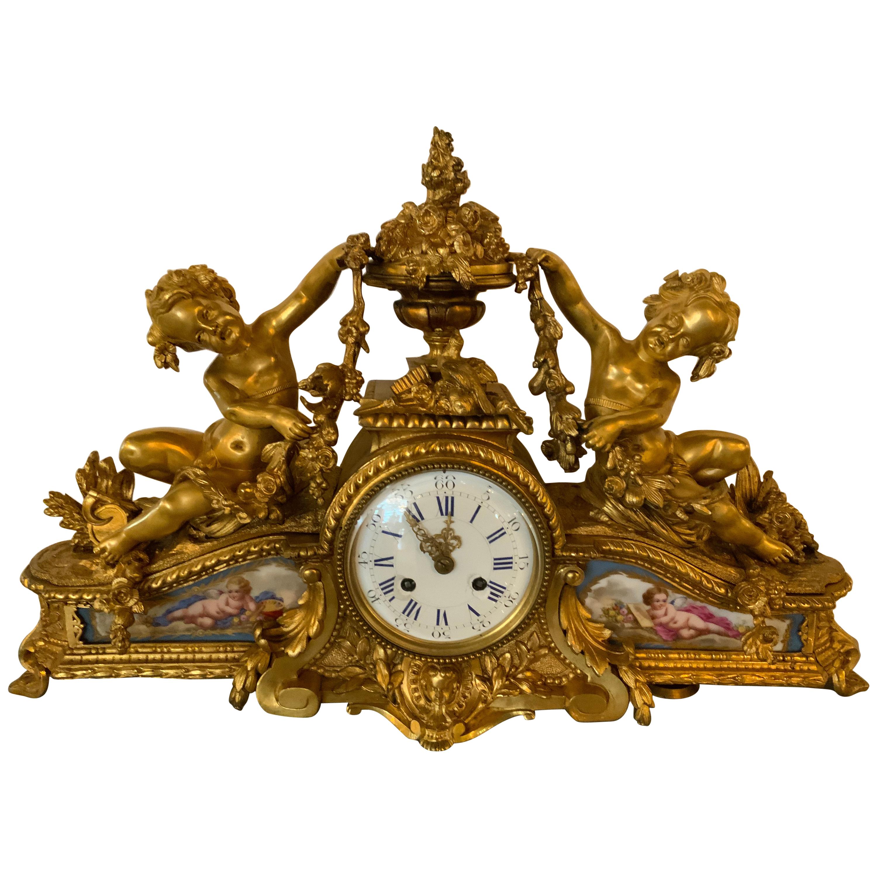 French Bronze Dore Mantel Clock with Cherubs, Sevres Style Mounts