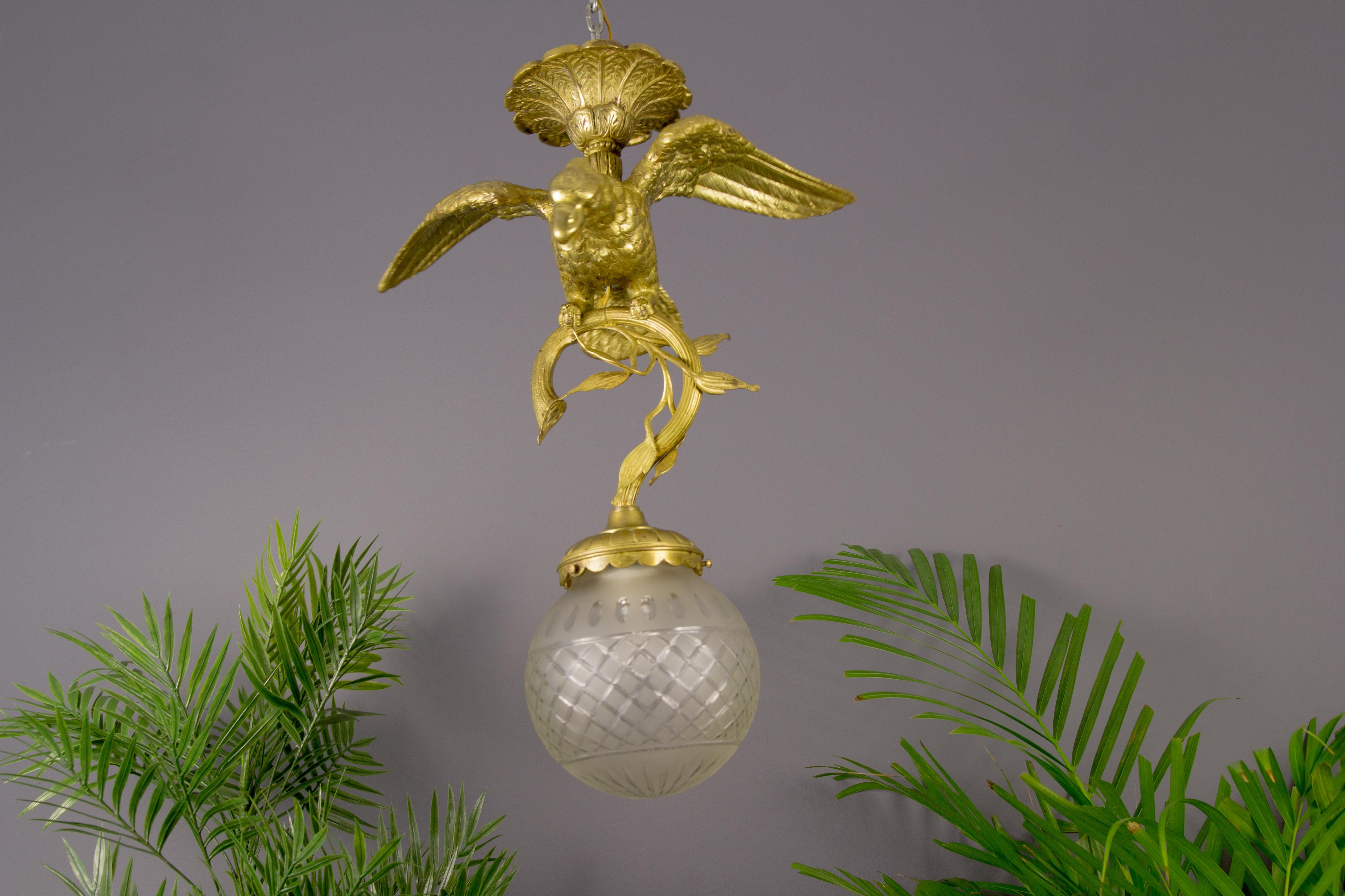 French Bronze and Frosted Glass Eagle Chandelier, 1920s 5
