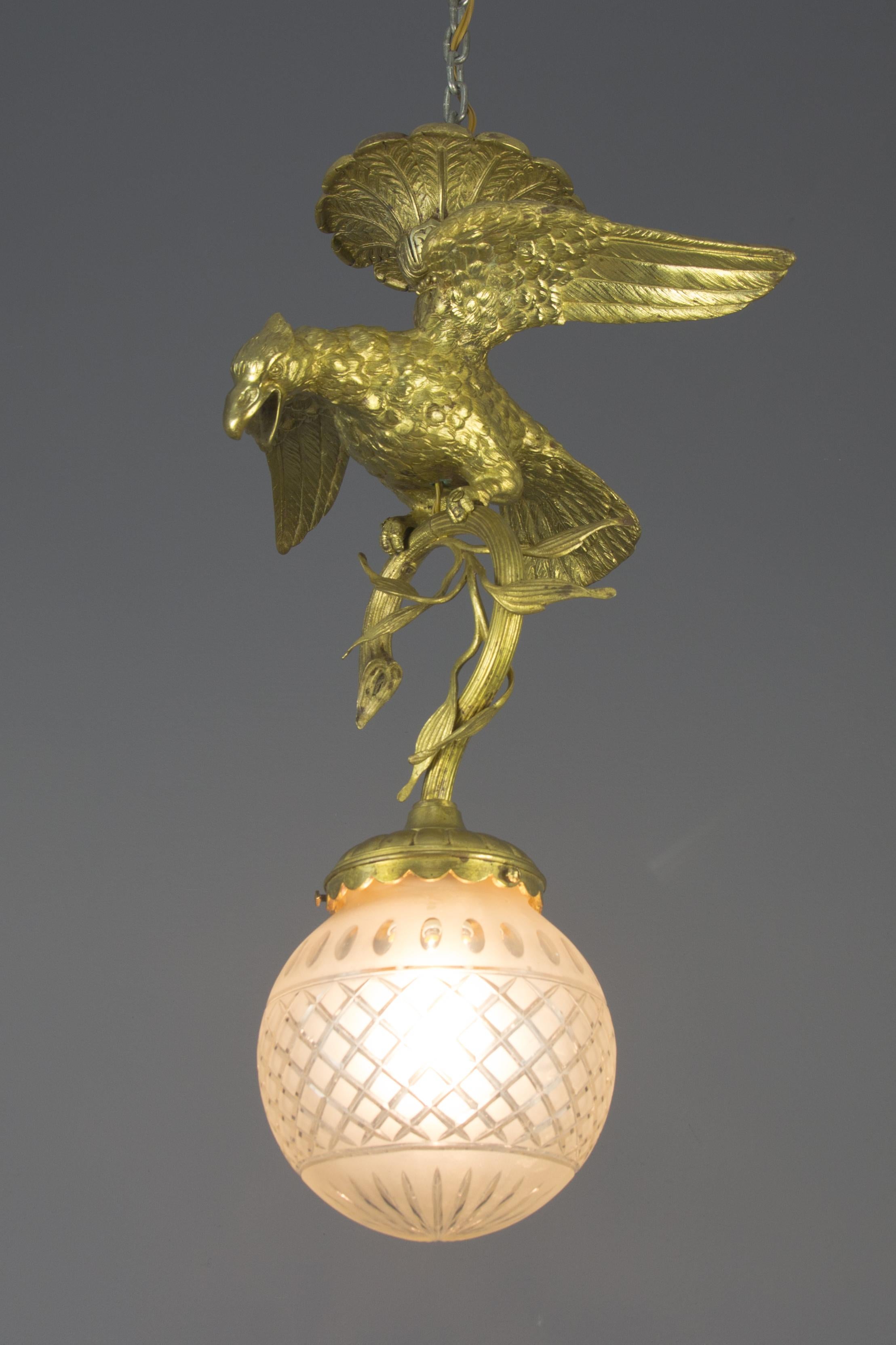 Belle Époque French Bronze and Frosted Glass Eagle Chandelier, 1920s