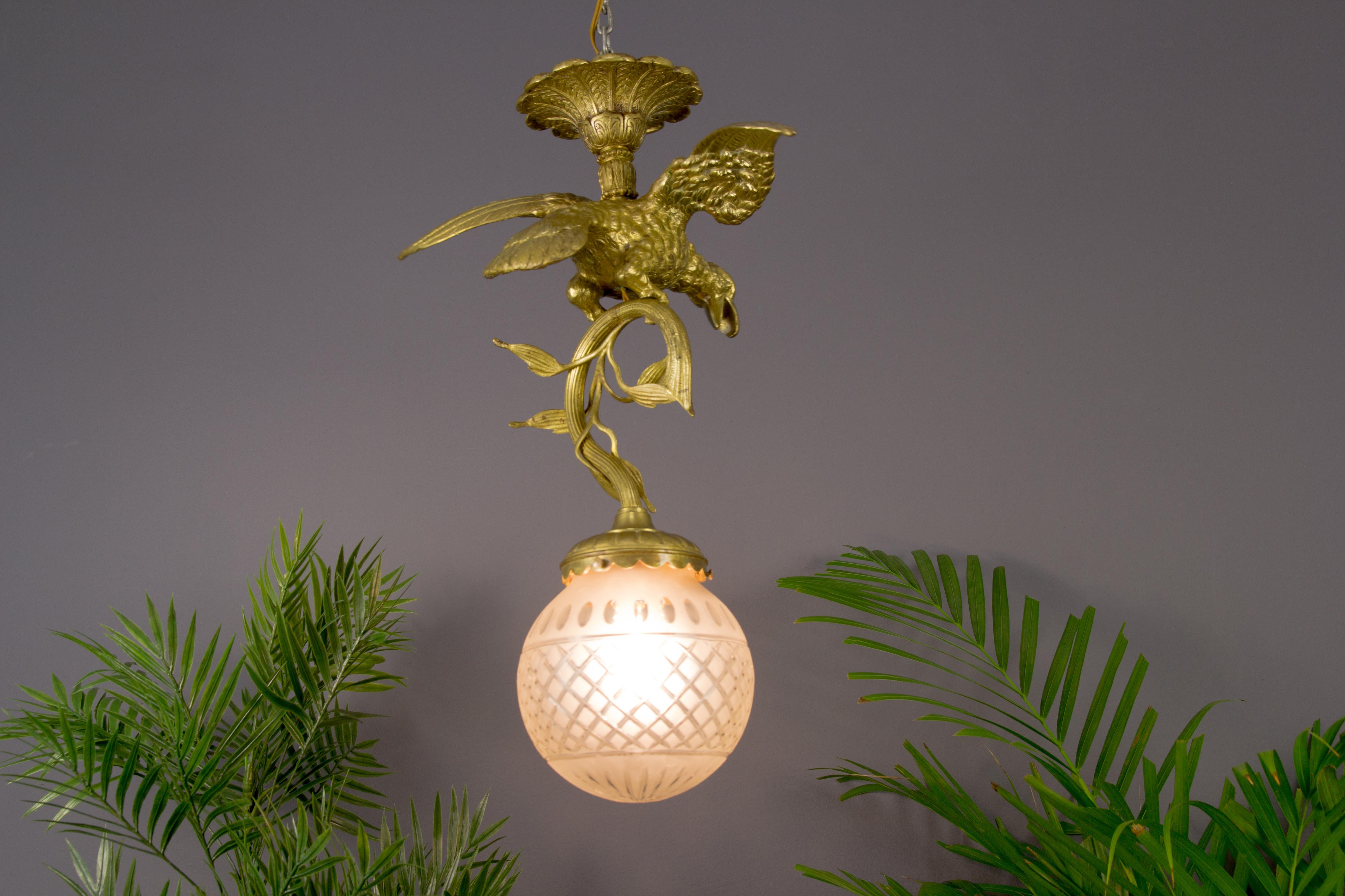 French Bronze and Frosted Glass Eagle Chandelier, 1920s 3