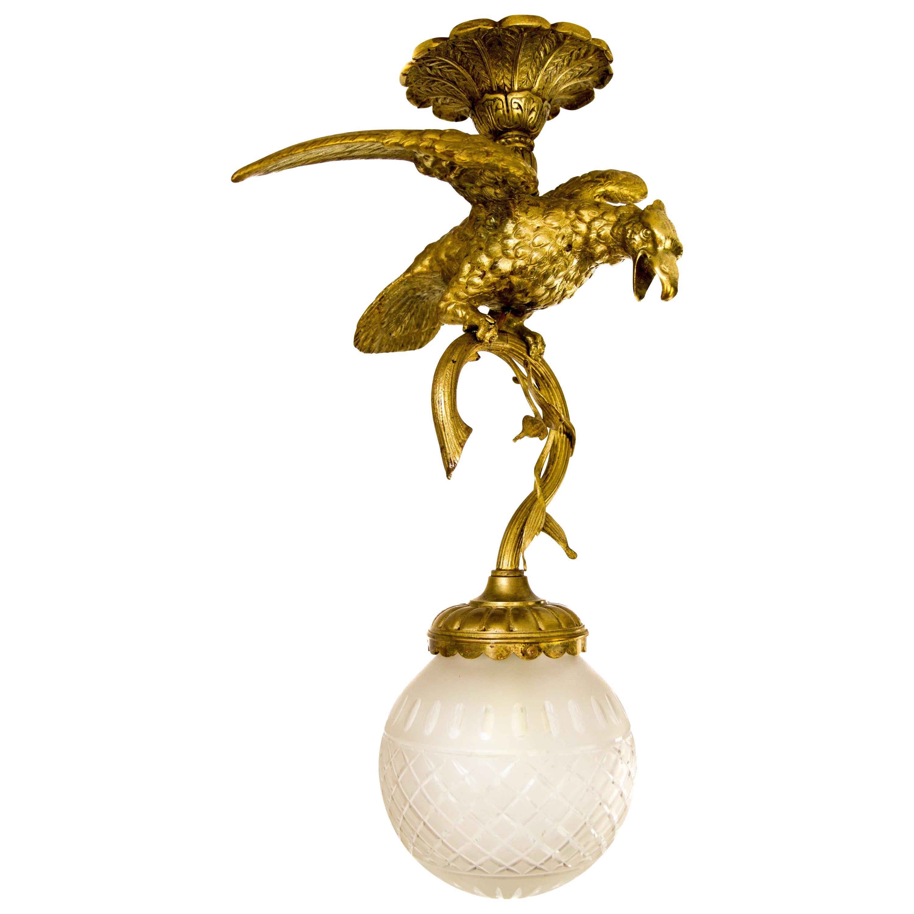 French Bronze and Frosted Glass Eagle Chandelier, 1920s