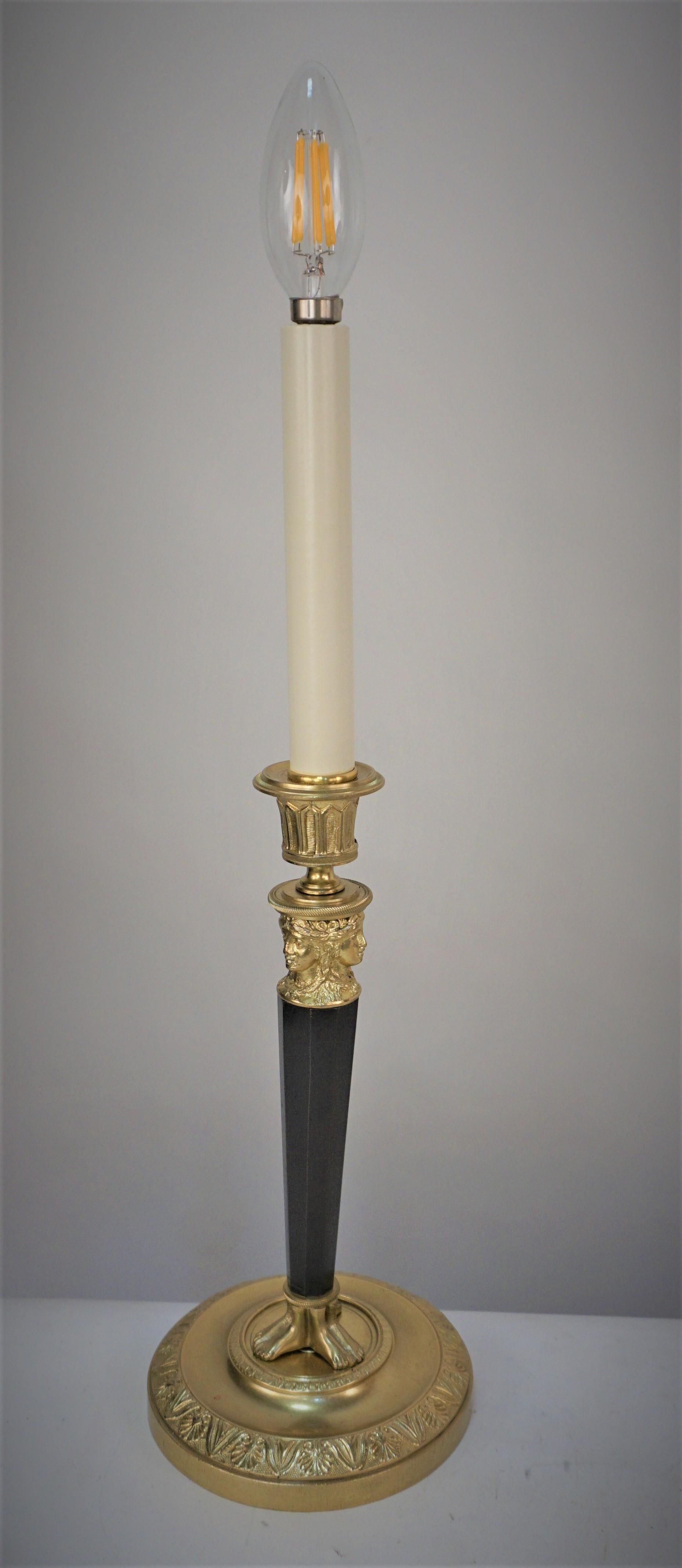 French Bronze Empire Candlestick Lamp For Sale 2