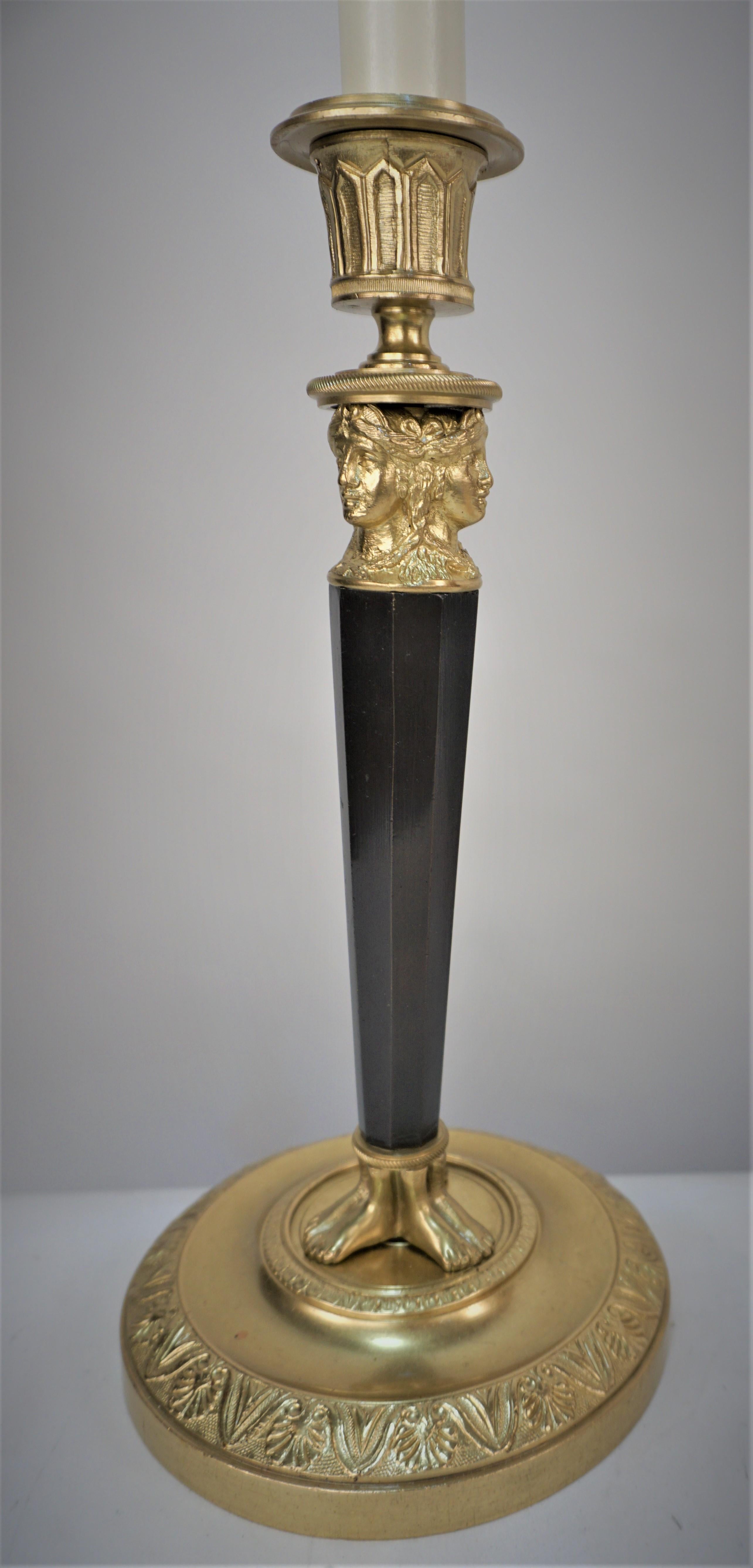French Bronze Empire Candlestick Lamp For Sale 3