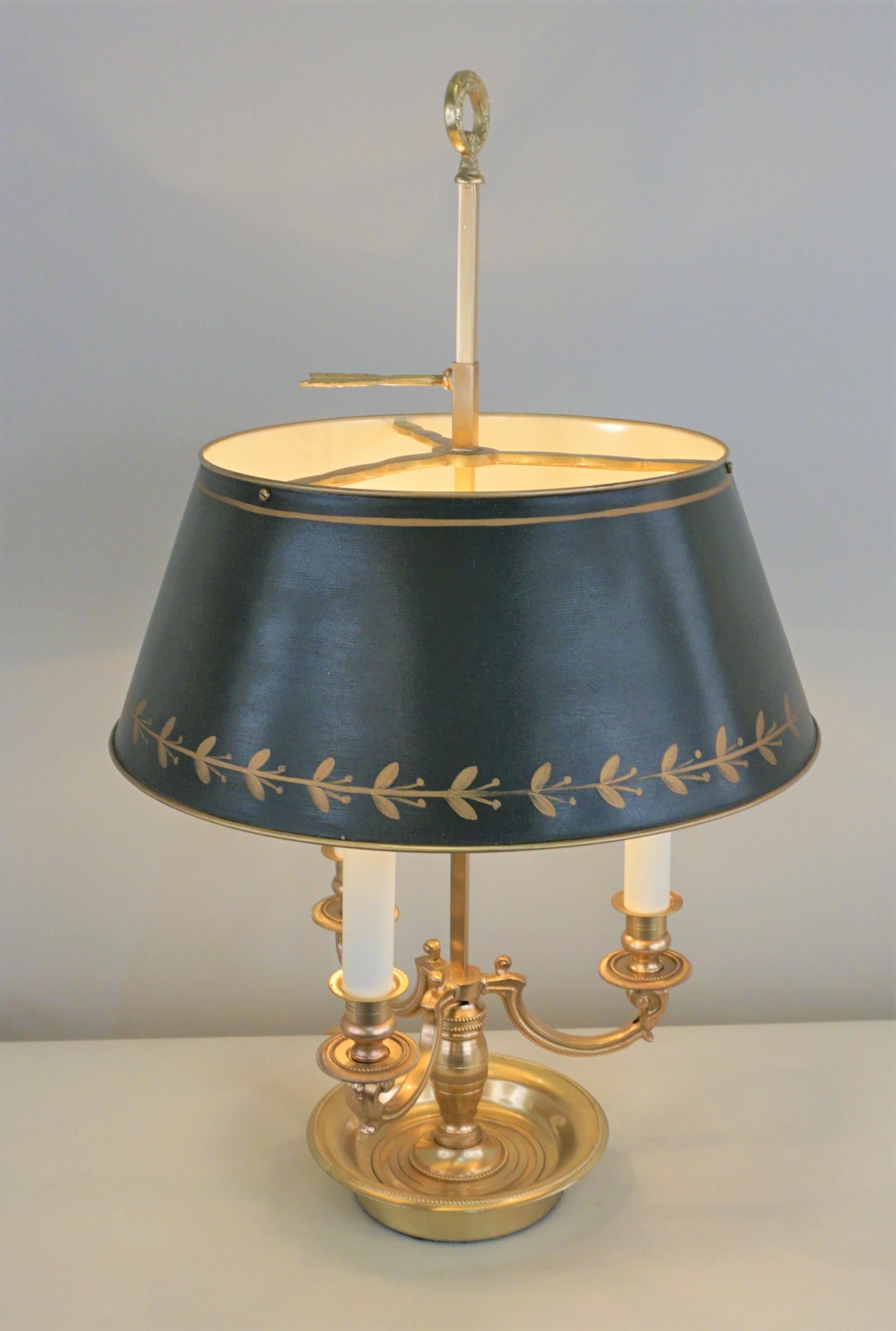French 1930s Empire style bronze desk or table lamp with adjustable dark green metal shade.