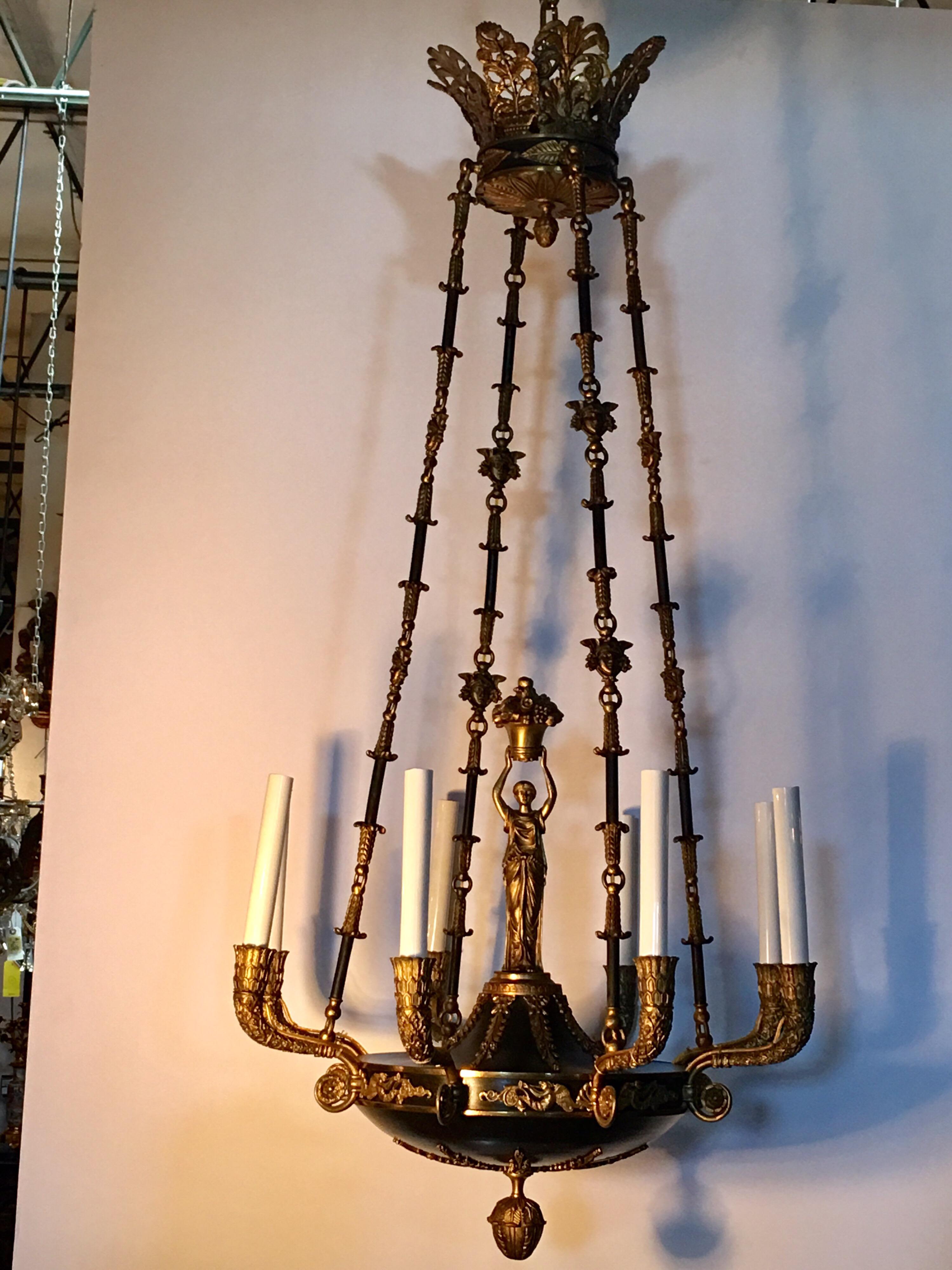 French bronze Empire style chandelier with the goddess Demeter as the center finial.