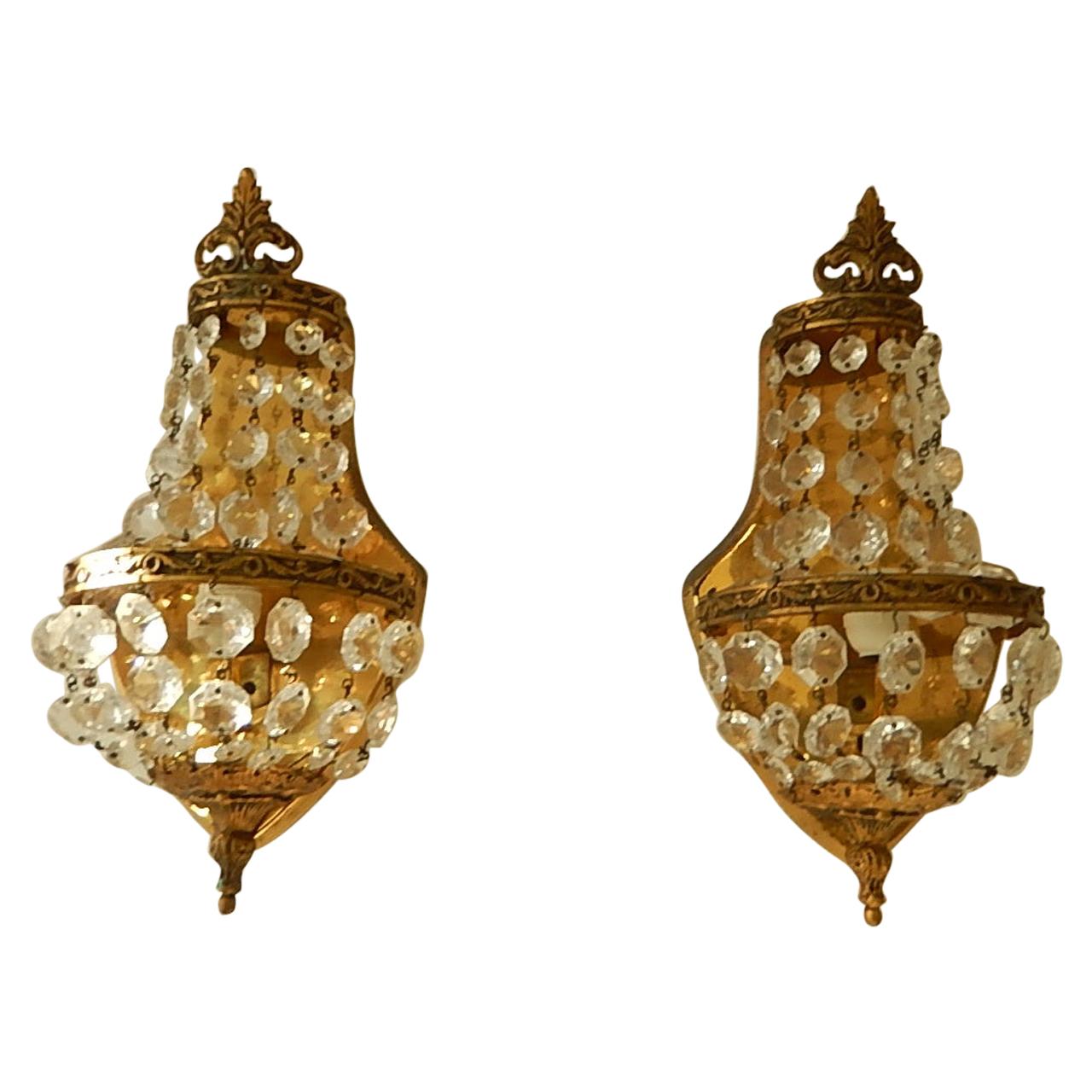 French Bronze Empire Style Crystal Sconces, 1930s