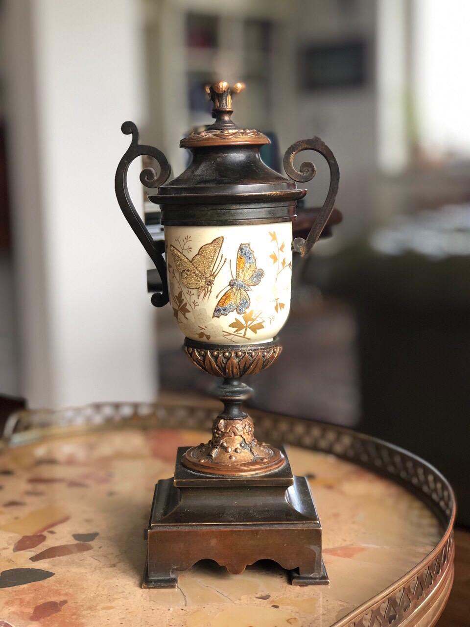 Hand-Carved French Bronze Enamel Porcelain Hand Painted Urn Marble Cassoulet