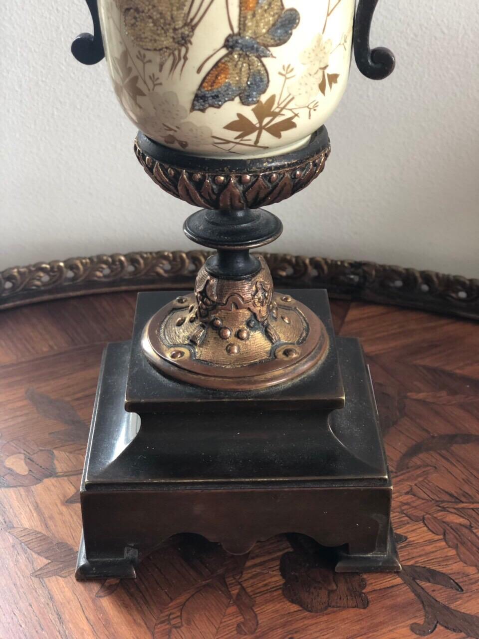 Early 20th Century French Bronze Enamel Porcelain Hand Painted Urn Marble Cassoulet
