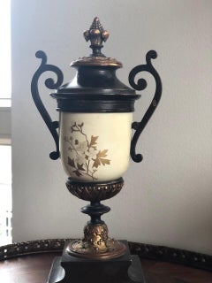 French Bronze Enamel Porcelain Hand Painted Urn Marble Cassoulet, 19th C SALE