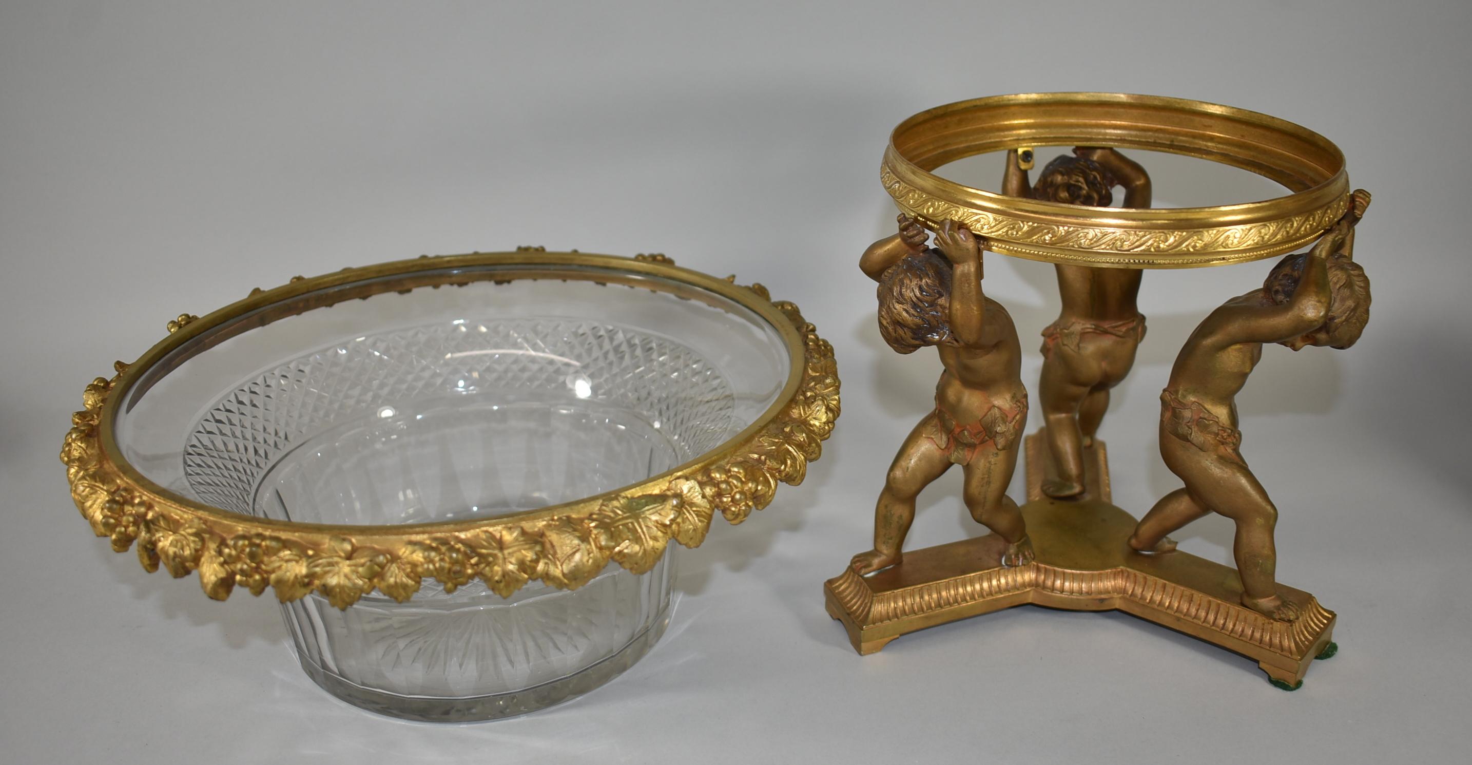 French Bronze Figural  Cherub Centerpiece with Cut Glass Bowl In Good Condition In Toledo, OH
