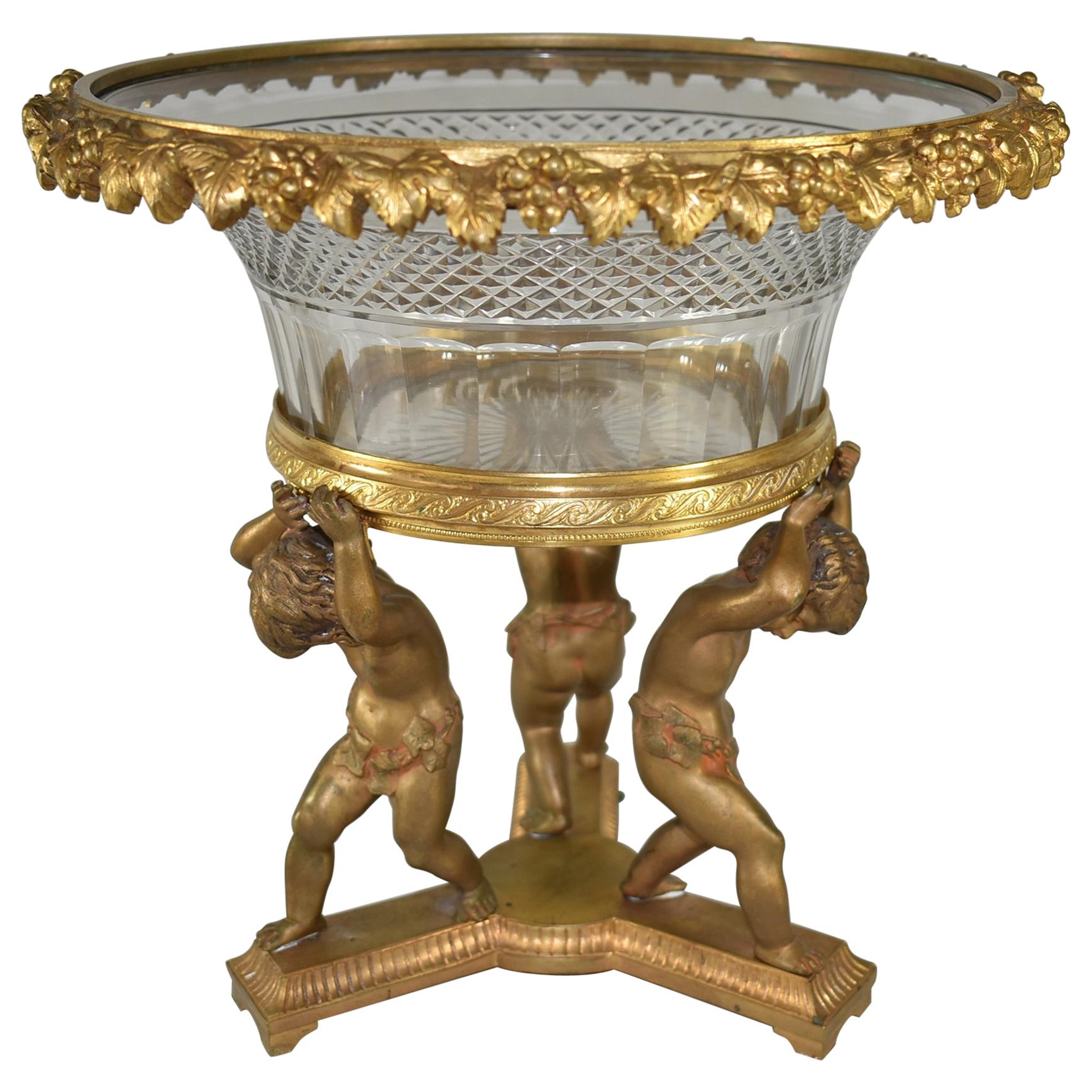 French Bronze Figural  Cherub Centerpiece with Cut Glass Bowl