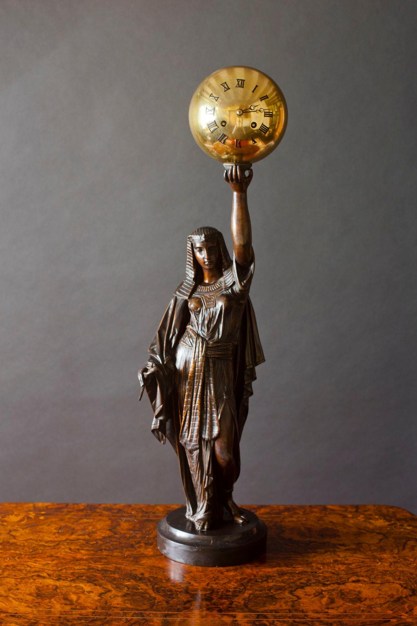 French Bronze Figural Clock Depicting Aurora In Good Condition For Sale In Norwich, GB