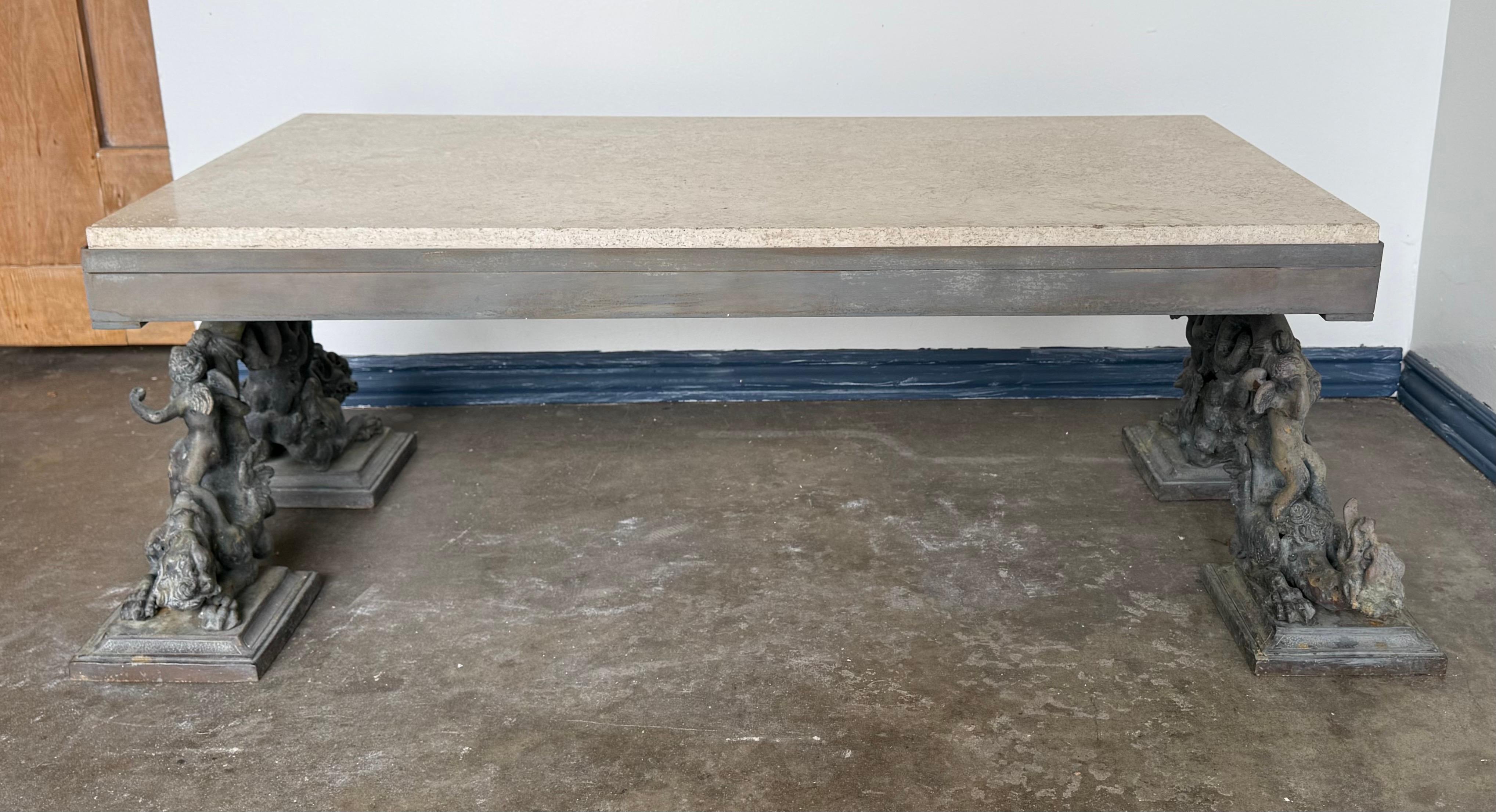 French Bronze Figural Coffee Table with Travertine Top im Zustand „Starke Gebrauchsspuren“ im Angebot in Los Angeles, CA