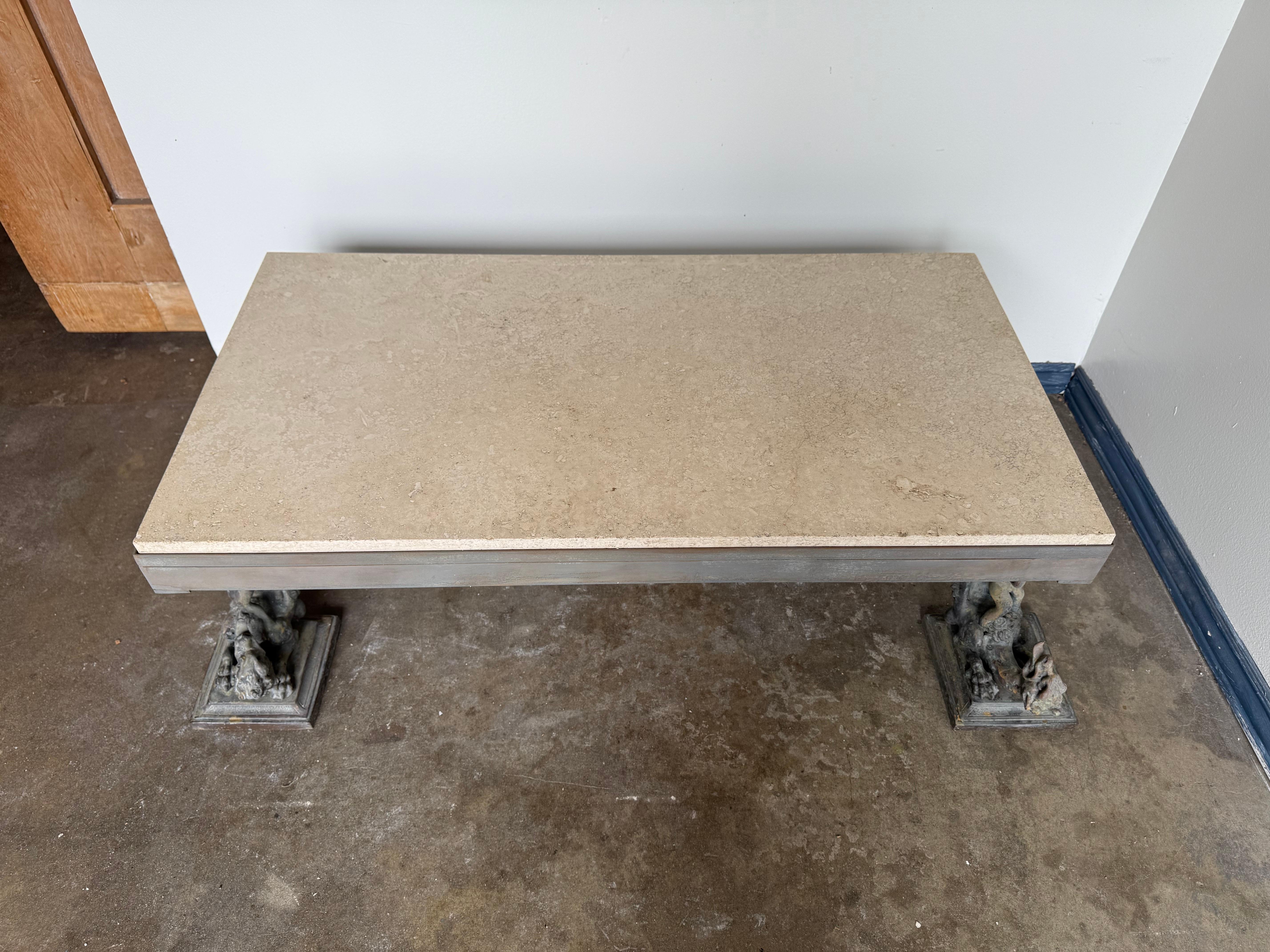 French Bronze Figural Coffee Table with Travertine Top im Angebot 3