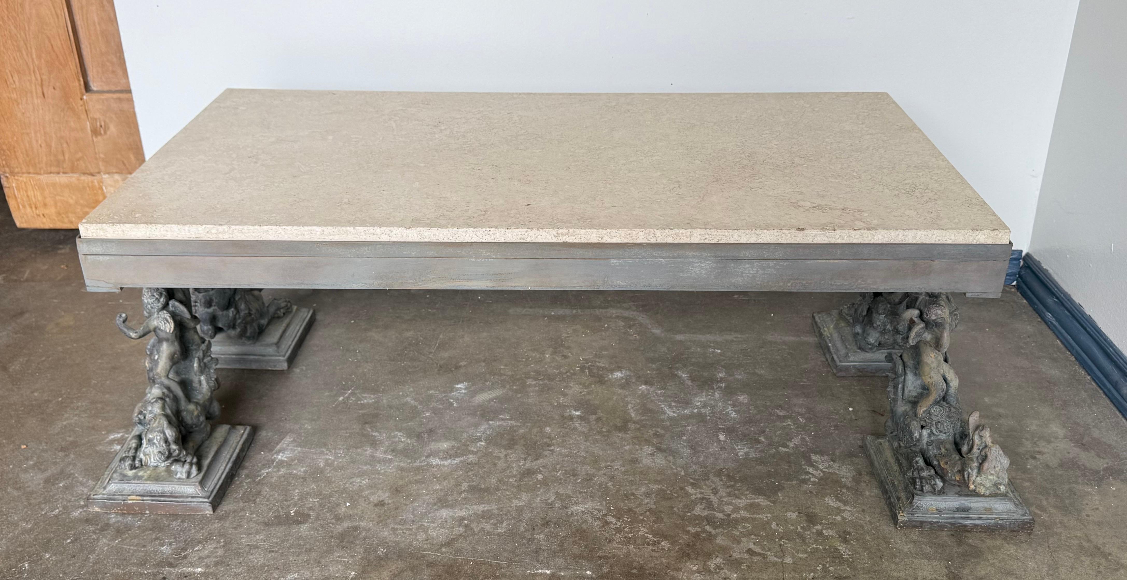 French Bronze Figural Coffee Table with Travertine Top im Angebot 5