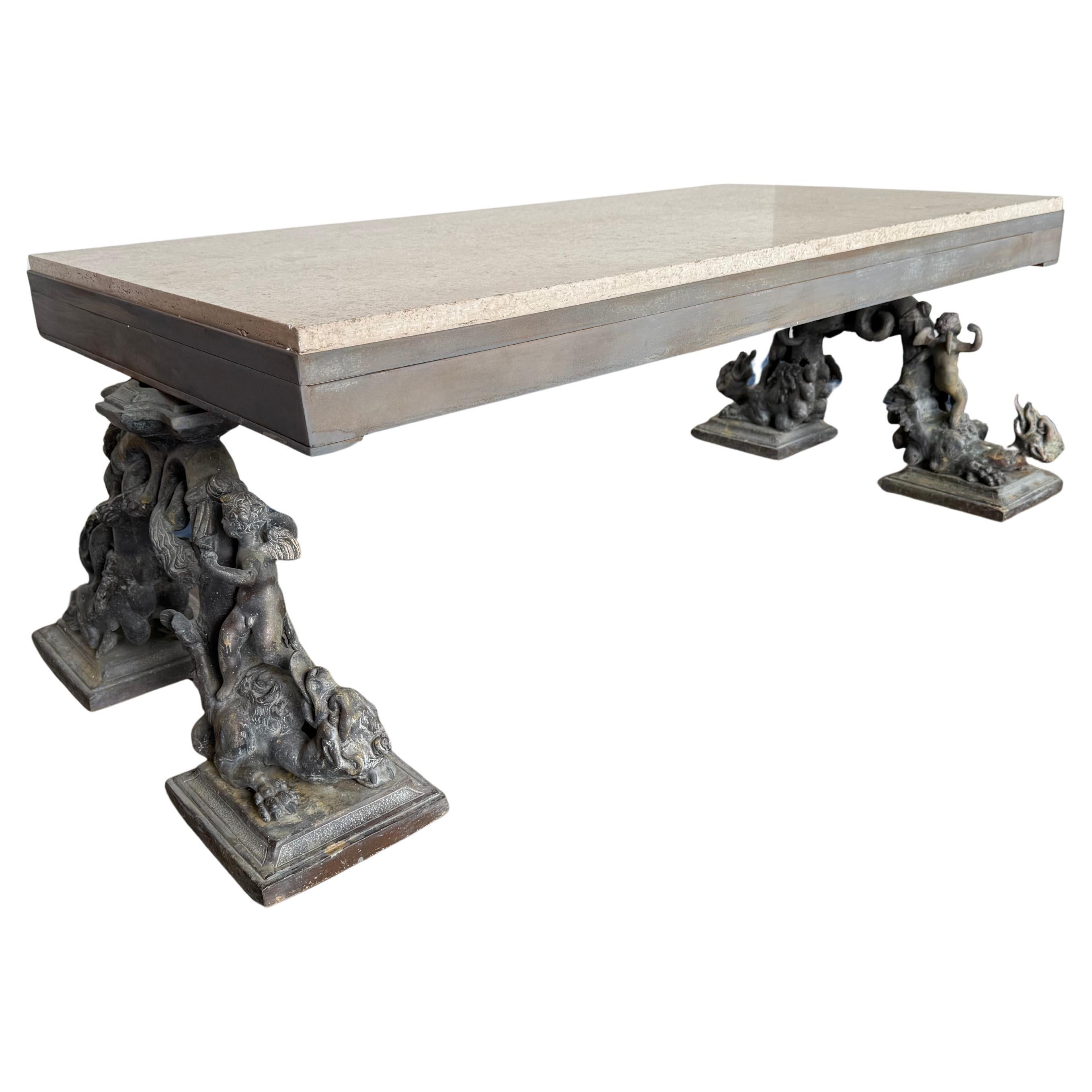French Bronze Figural Coffee Table with Travertine Top im Angebot