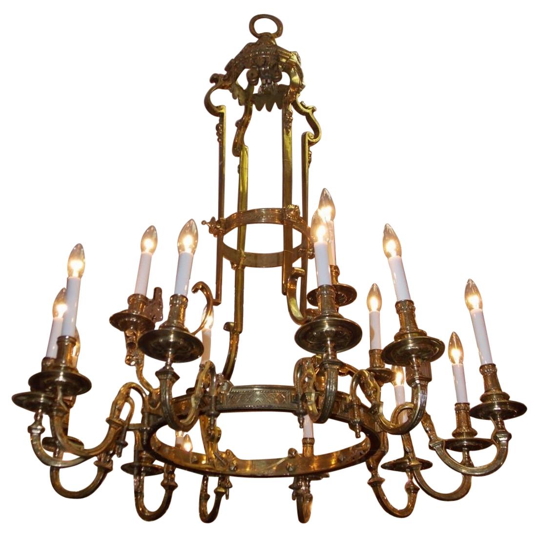 French Bronze Figural & Foliage Two-Tiered Sixteen Light Chandelier, Circa 1830