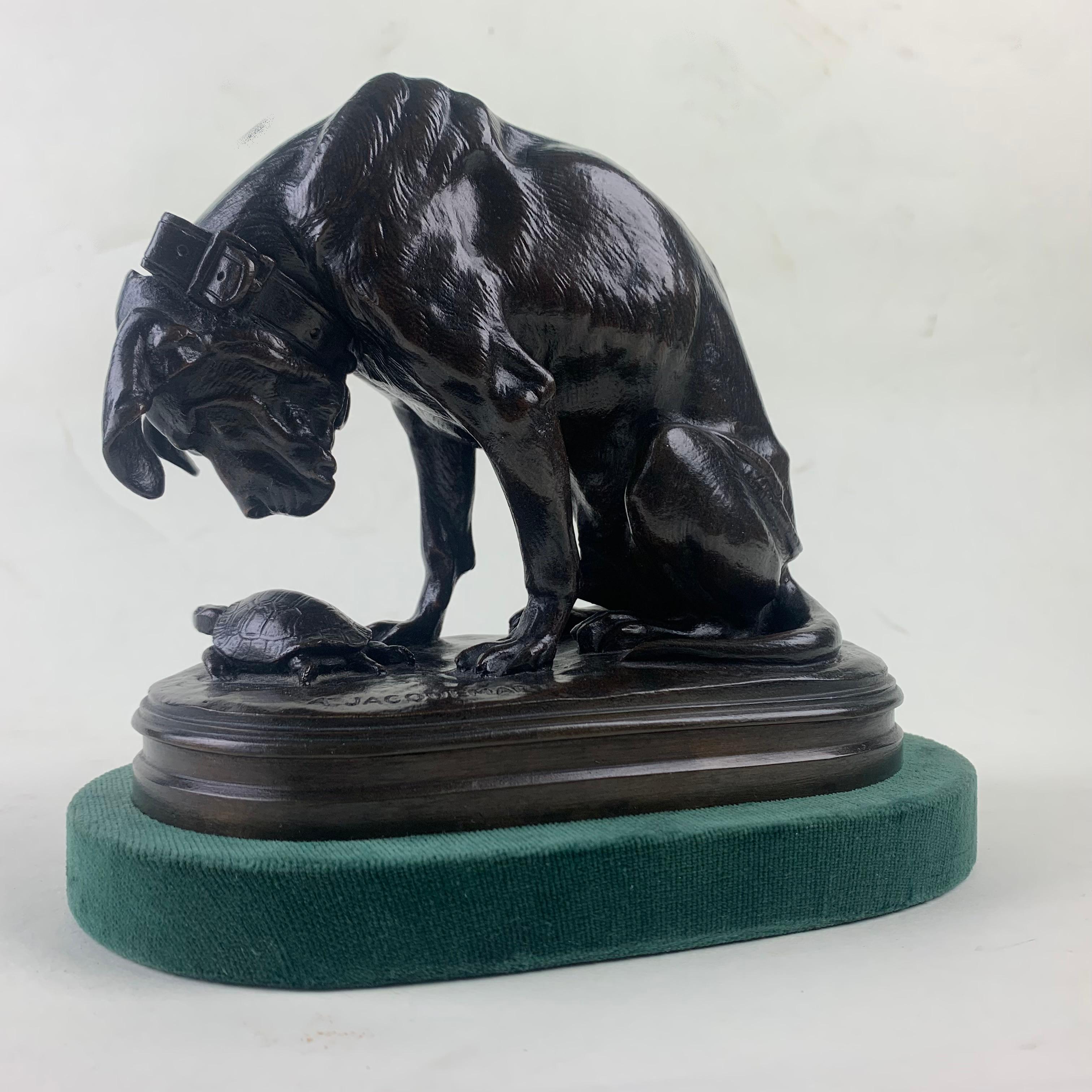 French bronze figure of a dog and a tortoise by Alfred Jaquemont, signed to the base and stamped A.D. for the A. Delafontaine foundry. With excellent deep brown and rich patination.
Provenance:with Hickmott Fine Arts, London.