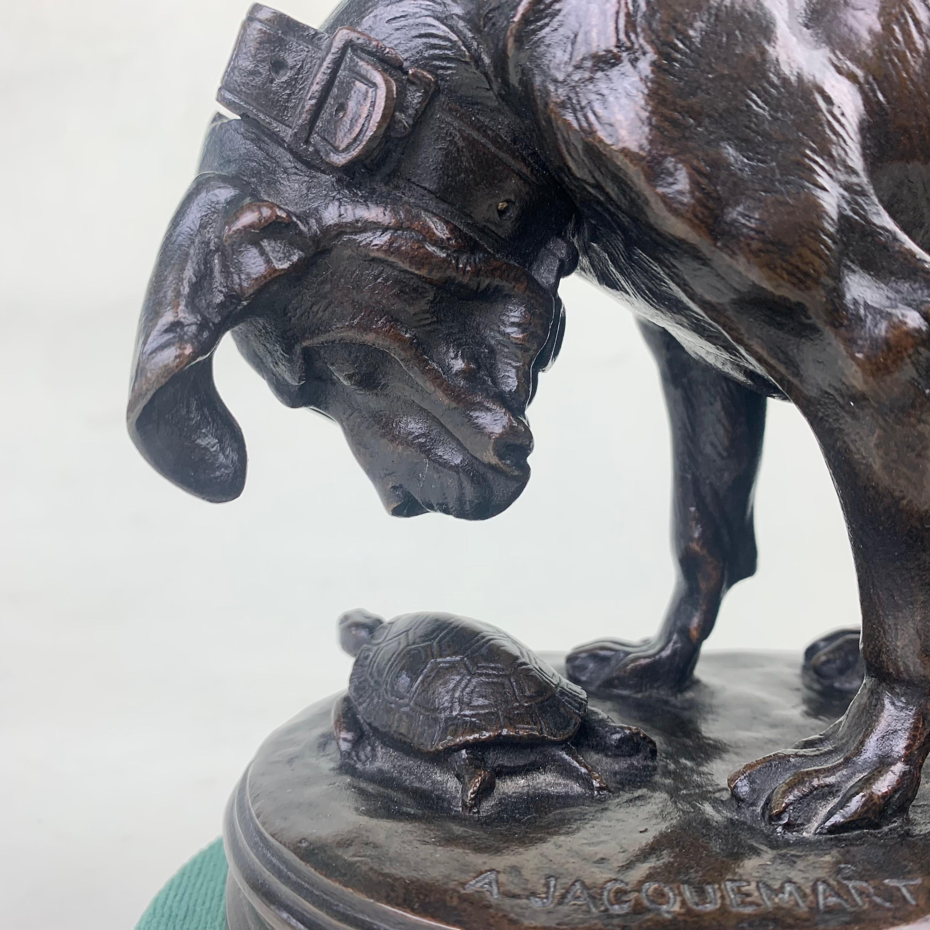20th Century French Bronze Figure of a Dog and a Tortoise by Alfred Jaquemart For Sale