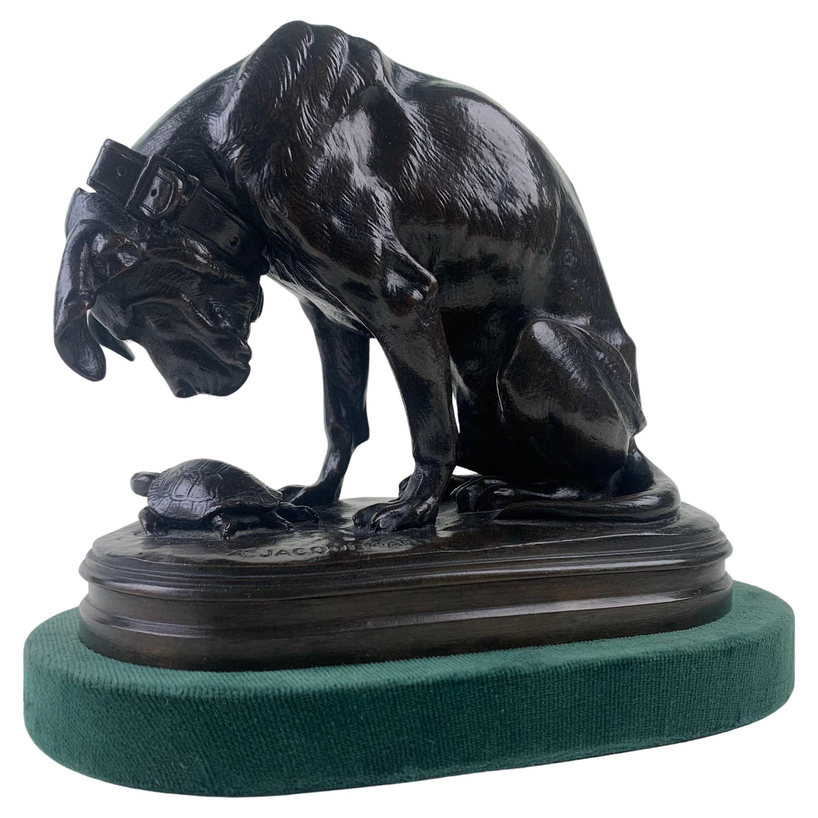 French Bronze Figure of a Dog and a Tortoise by Alfred Jaquemart For Sale
