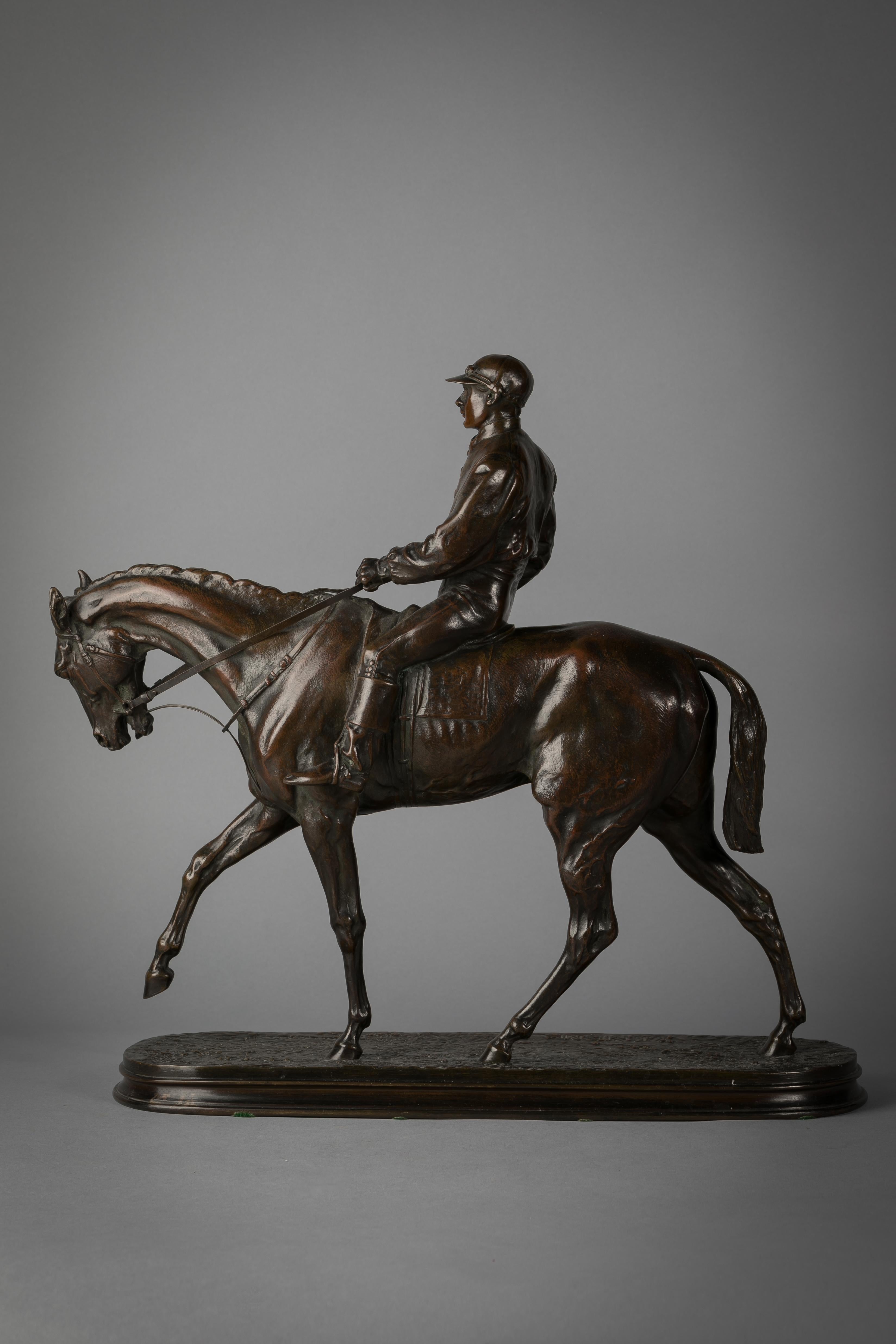 French bronze figure of a horse and jockey by P.J. Mene. Foundry: Susse Frere and Co.