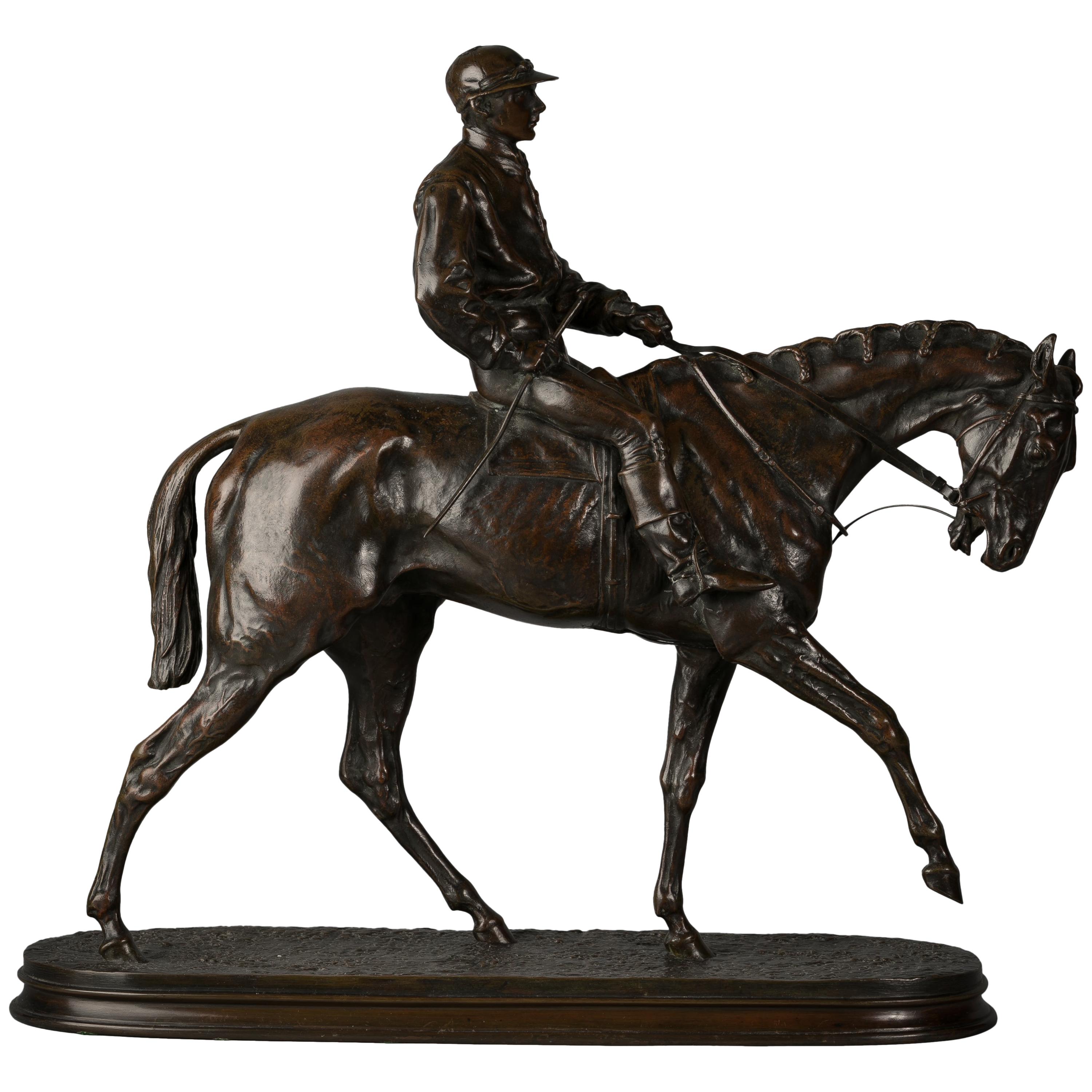 French Bronze Figure of a Horse and Jockey by P.J. Mene