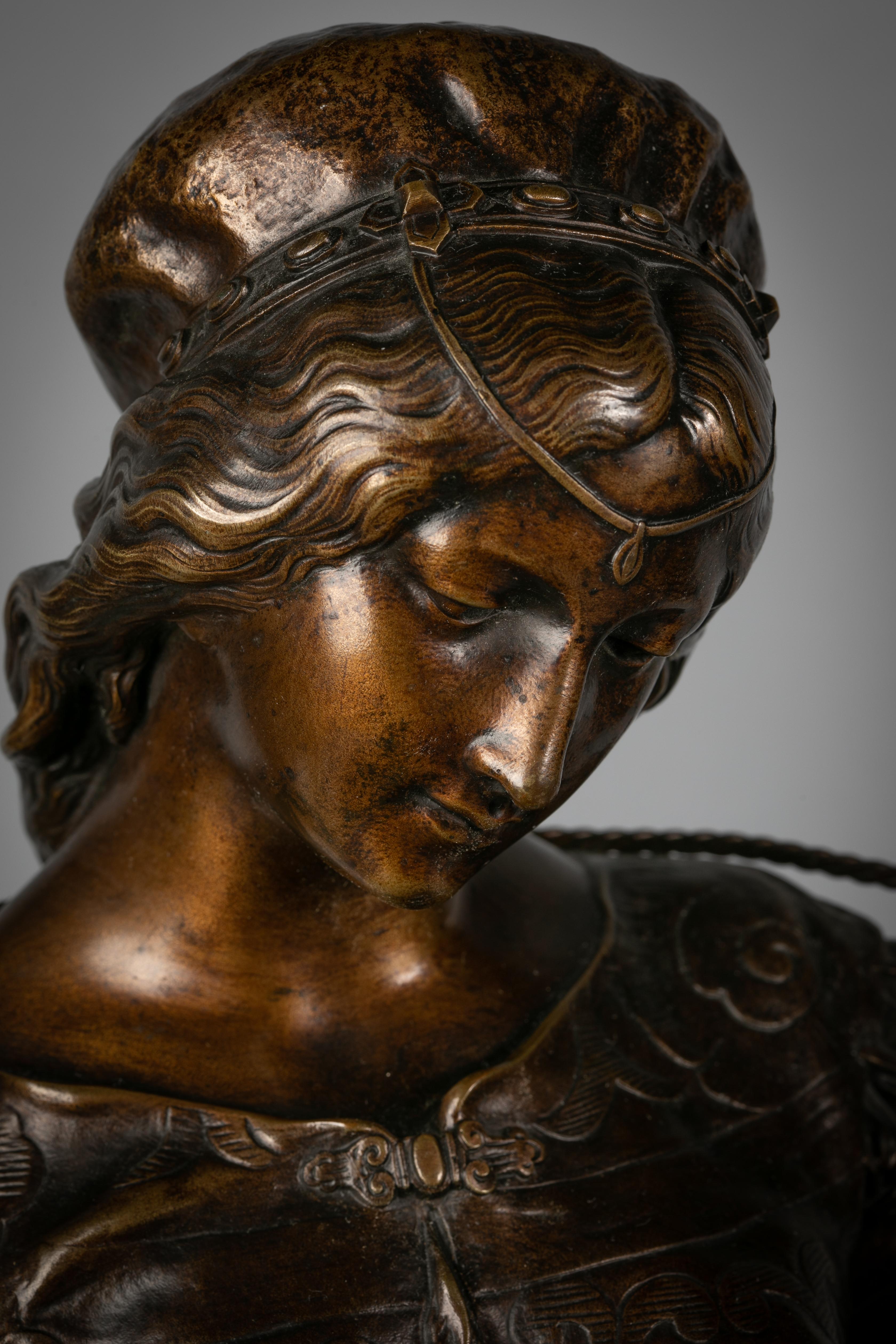 French Bronze Figure of Lady Playing a Lute, Adrien Etienne Gaudez, circa 1875 In Excellent Condition For Sale In New York, NY