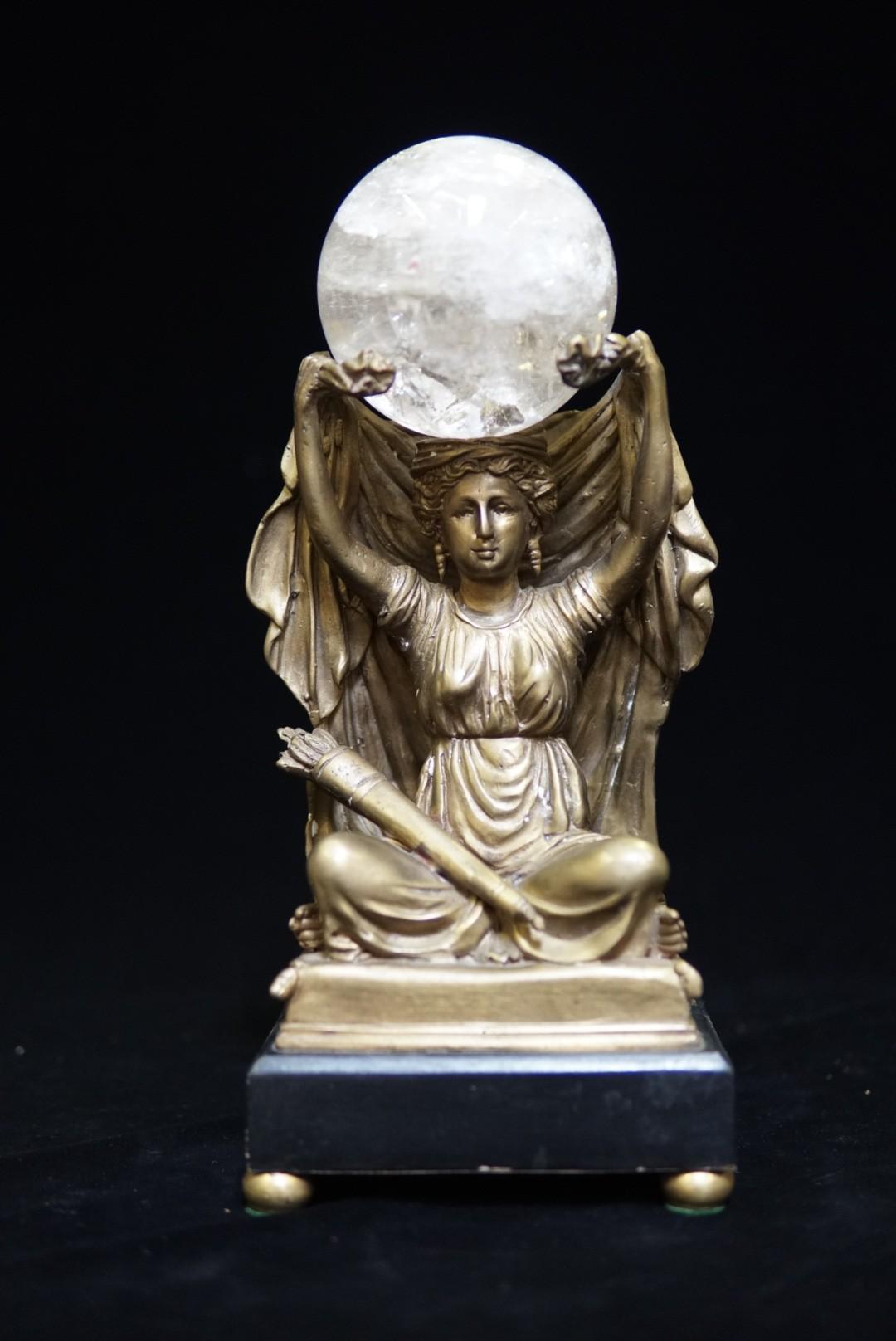 French Bronze Figure with Rock Crystal Ball In Good Condition In Cypress, CA