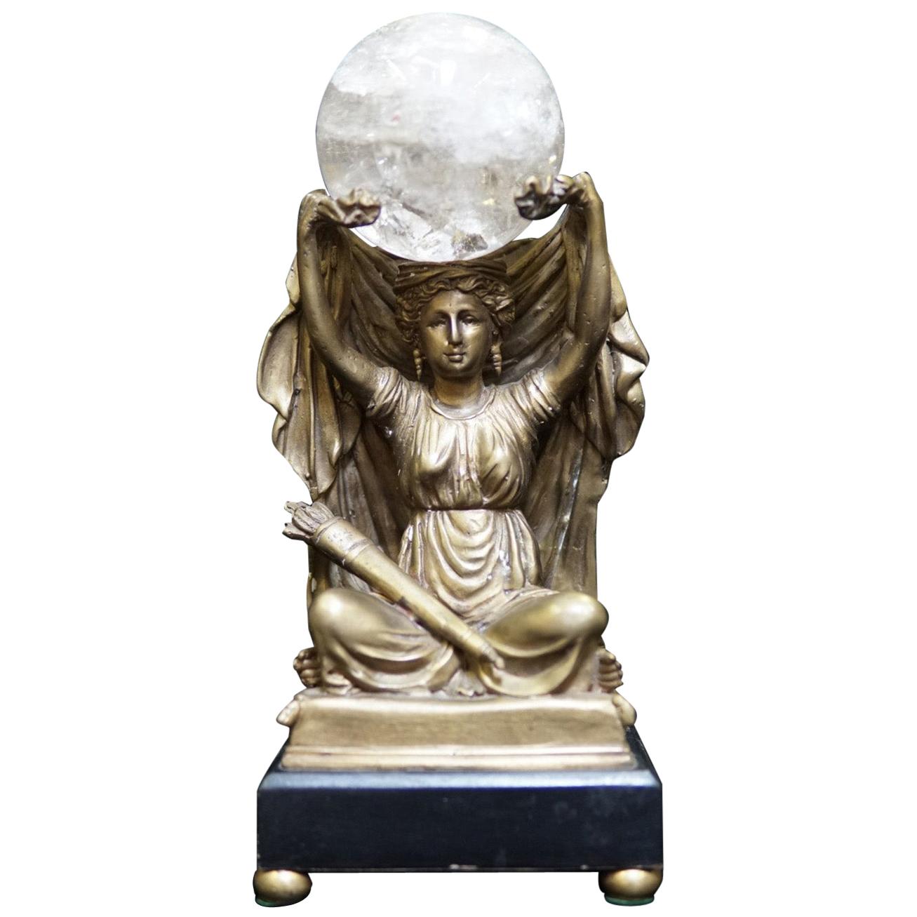 French Bronze Figure with Rock Crystal Ball