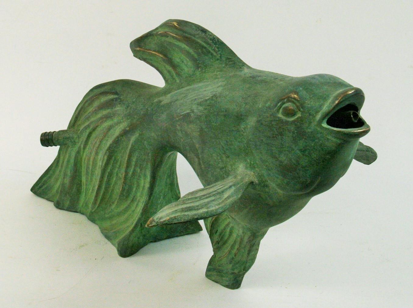 8-165 Japanese bronze Koi fish  fountain sprout.
Has a wonderful aged green patina
Can be used as a decorative sculpture.