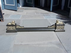 French Bronze Flanking Recumbent Lion Filigree Medallion Fire Place Chenet, 1810
