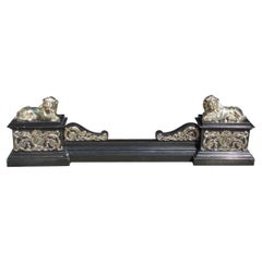 French Bronze Flanking Recumbent Lion Filigree Medallion Fire Place Chenet, 1810