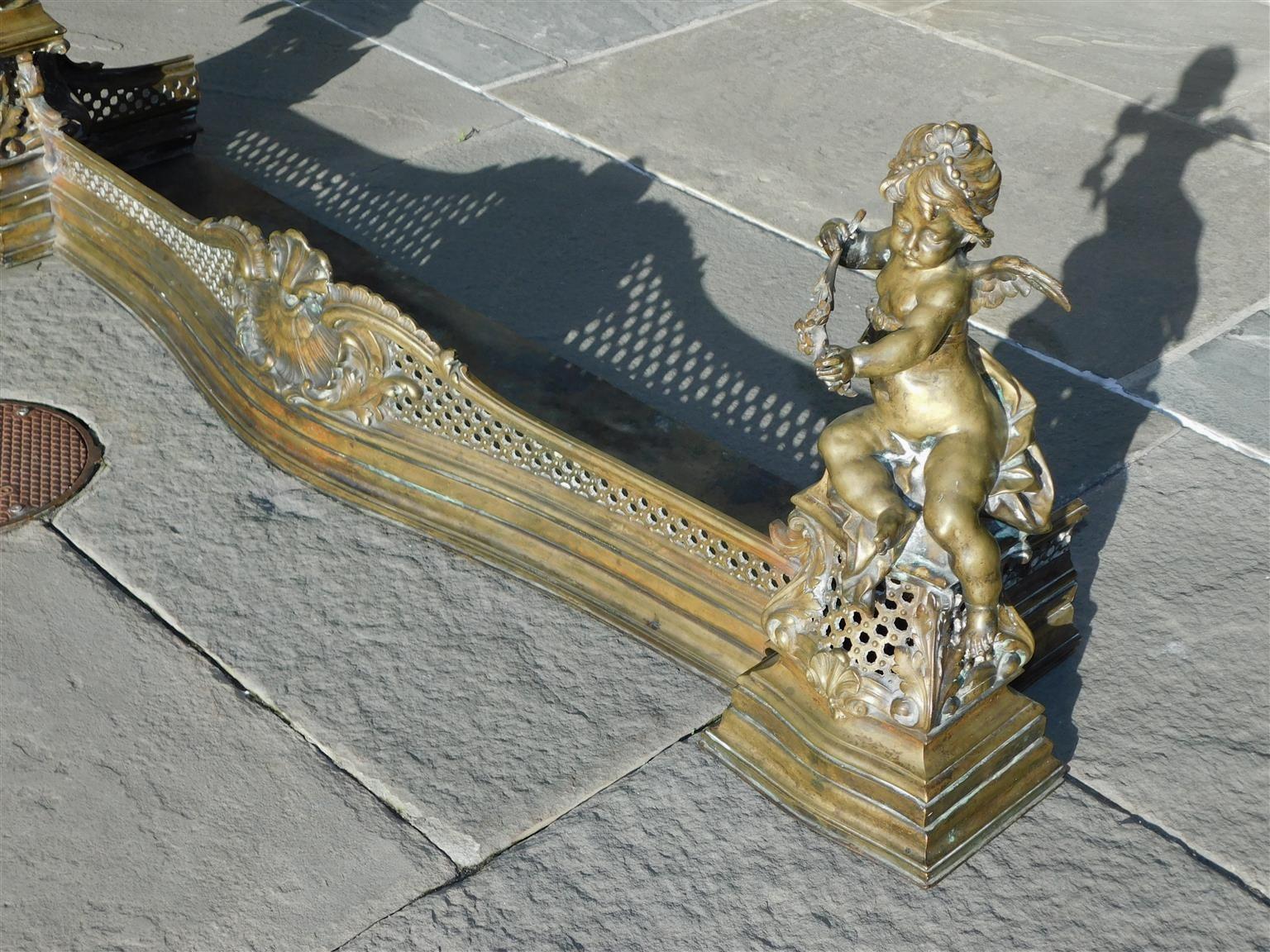 Cast French Bronze Flanking Winged Cherub & Shell Foliage Fire Place Fender C. 1800 For Sale