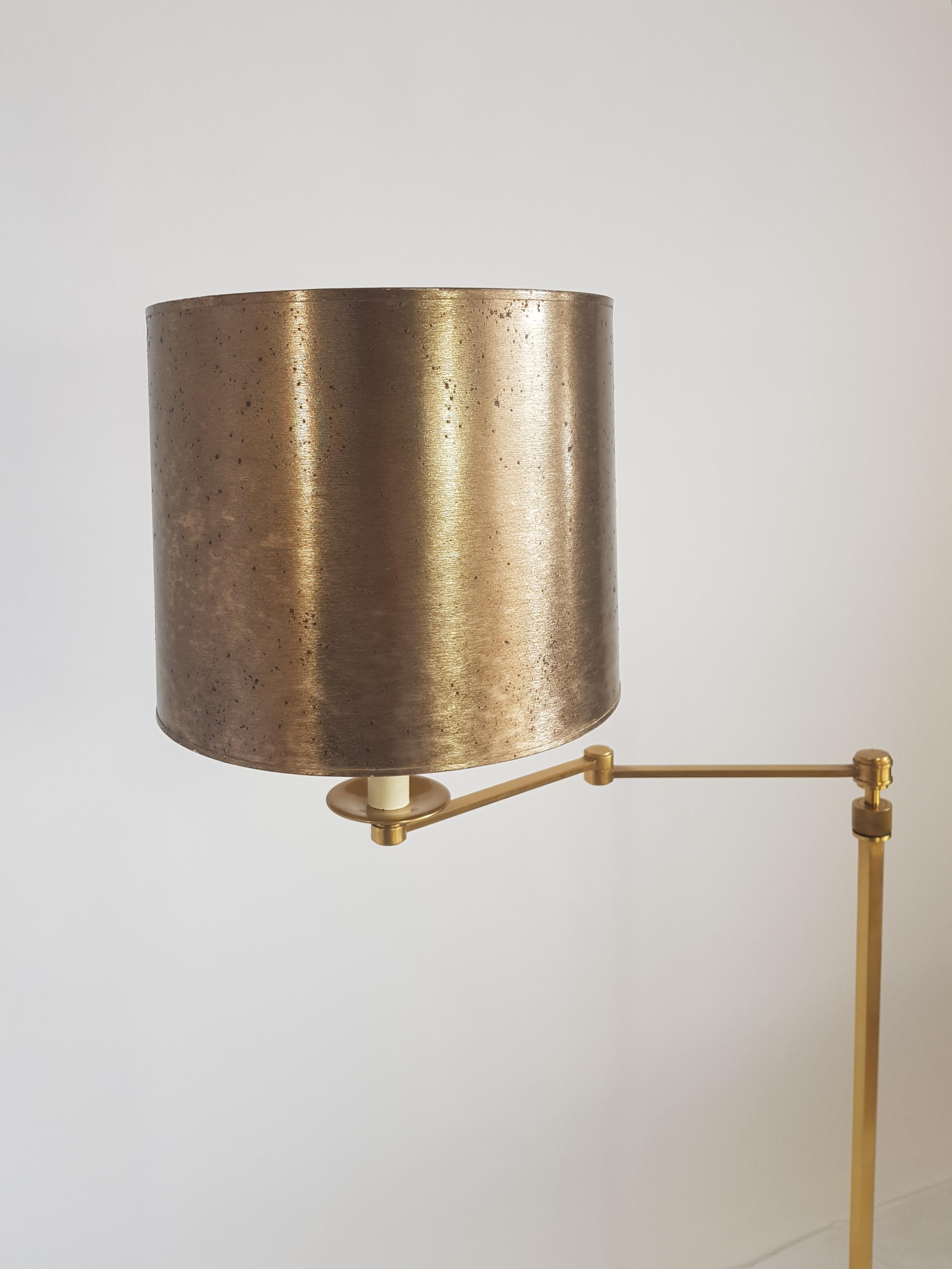 French, Bronze Floor Lamp, Liseuse Maison Bagès, Golden Lampshade, 1970s In Good Condition For Sale In LES LILAS, FR